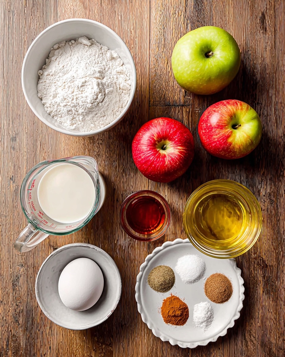 The image shows cooking ingredients arranged neatly on a wooden surface, with a white marbled texture replacing the background. There are five apples placed in the middle, three red and two green, with smooth, shiny textures. On the left side, a large white bowl is filled with flour and below it, a smaller white bowl has powdered sugar. Below the bowls, a glass measuring cup holds milk. To the right of the apples, a clear glass container is filled with golden liquid, next to a small white bowl with a reddish-brown liquid. Below these, a single white egg lies near a white plate with scalloped edges holding small piles of various spices and powders in shades of white, light brown, and dark brown. All items are well-lit, with clear textures and colors. Photo taken with an iphone --ar 4:5 --v 7