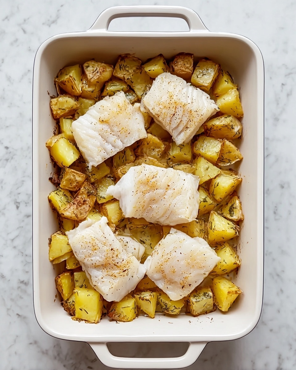 The image shows a white rectangular baking dish with two handles, filled with golden roasted potato chunks on the bottom layer, their surfaces textured and slightly shiny from oil or seasoning. On top are four pieces of pale, white fish fillets, placed evenly over the potatoes, showing a soft and flaky texture. The dish is placed on a white marbled surface, and the details highlight a fresh and simple baked meal. photo taken with an iphone --ar 4:5 --v 7