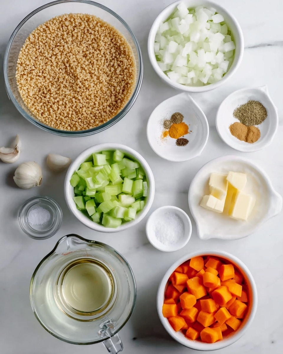 The image shows several small white bowls and a clear measuring cup arranged on a white marbled surface. One bowl is filled with light brown couscous, another with chopped white onions, a third contains diced green celery, and a fourth bowl holds bright orange chopped carrots. There are also fewer ingredients in smaller bowls: peeled garlic cloves, a mix of dried spices with a hint of yellow turmeric, a small bowl of clear olive oil, salt and black pepper in a tiny glass bowl, and a white bowl with a small piece of yellow butter. The clear measuring cup is placed near the center of the image. All items are neatly arranged with a clean, fresh look. photo taken with an iphone --ar 4:5 --v 7