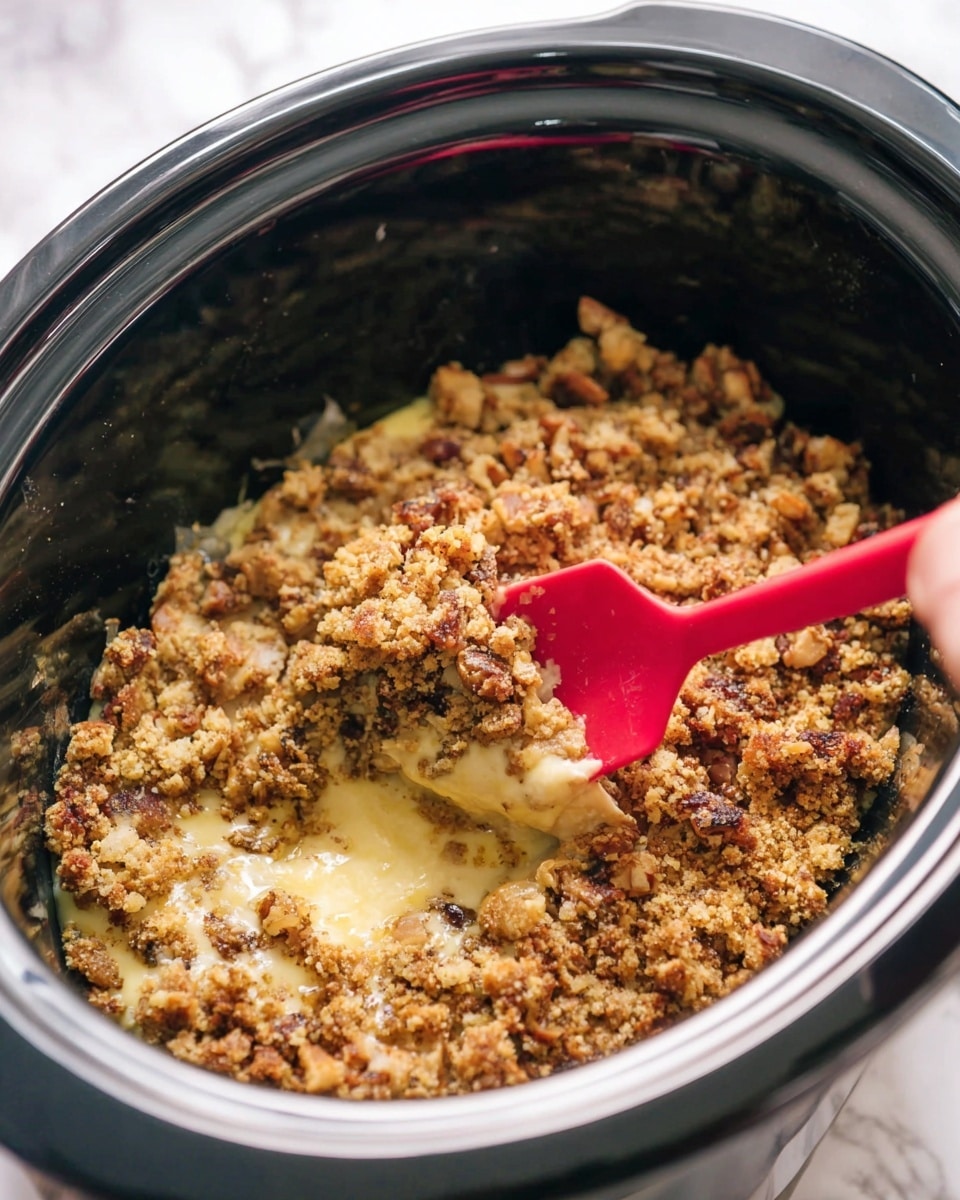 The image shows a close-up of a slow cooker filled with a layered dish. The top layer is a crunchy, golden-brown crumb topping with small bits of browned pieces and a rough texture. Beneath the crumb layer, there is a creamy, light yellow layer that looks smooth and thick. A bright red spatula is digging into the dish, scooping some of the crunchy topping and creamy layer, held by a woman’s hand. The inside of the slow cooker is black and shiny. The background is a white marbled texture. photo taken with an iphone --ar 4:5 --v 7
