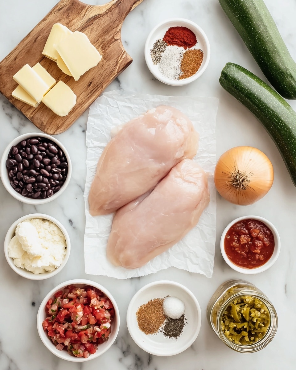 A top view of raw chicken breasts shown on white parchment paper placed on a white marbled surface, surrounded by small white bowls with black beans, cream cheese, black pepper, pink salt, chili powder, and ground cumin. There are two zucchinis at the top edge, a whole onion on the right, a small wooden cutting board on the left holding two cubes of butter, a garlic bulb, and a small white bowl with tomato paste. Near the bottom right are small white bowls with chunky salsa and chopped green chilies in a glass jar. The scene has soft natural light and a clean, bright look, photo taken with an iphone --ar 4:5 --v 7