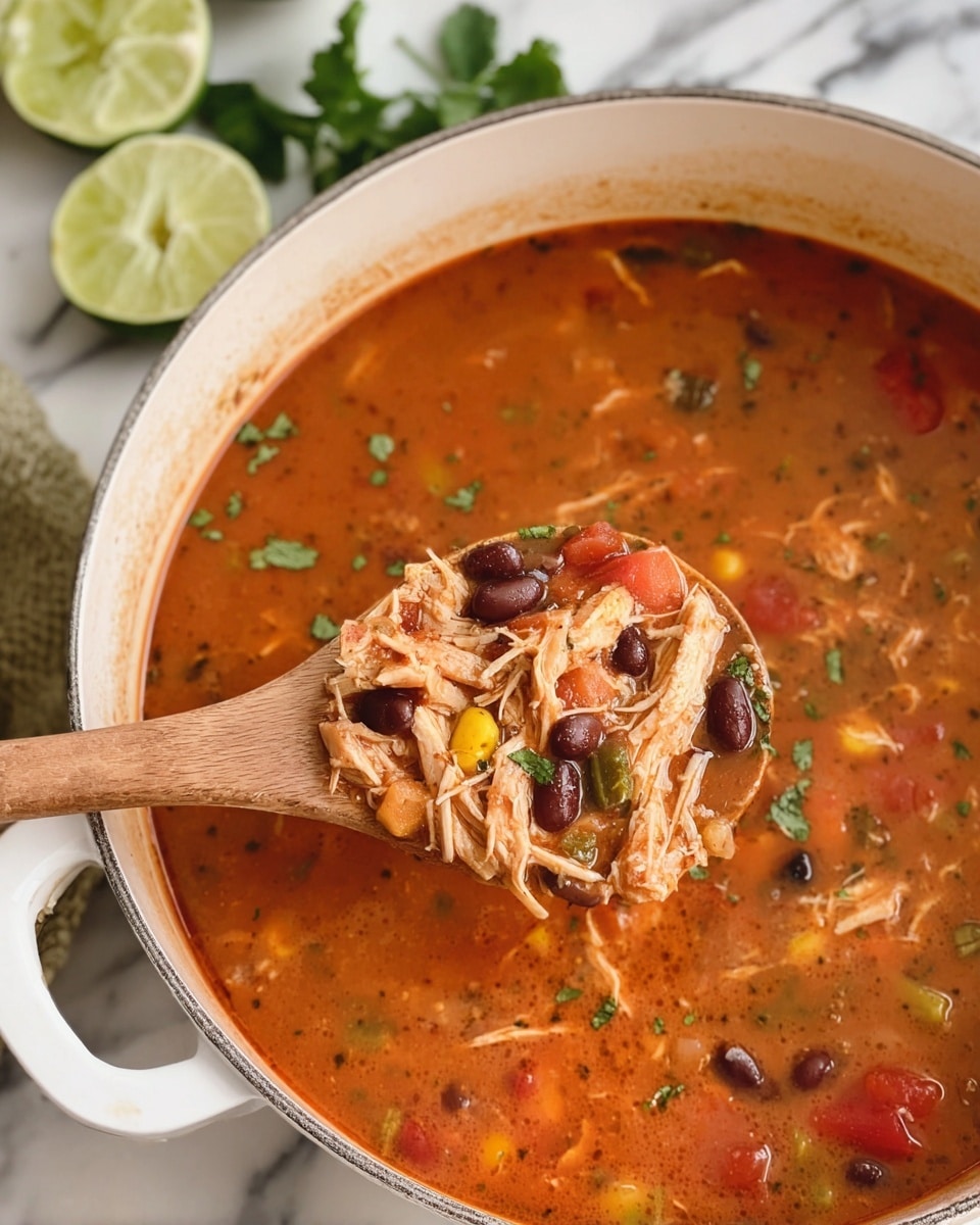This image shows a white pot filled with a thick, red-orange soup. The soup has visible shredded light-colored meat and small pieces of red, yellow, and green vegetables mixed with black beans. A wooden spoon lifts a portion of the soup, showing its chunky texture with shredded meat, diced vegetables, and beans clearly visible. The background is a white marbled surface with some lime halves and green herb leaves partially seen in the top left. photo taken with an iphone --ar 4:5 --v 7