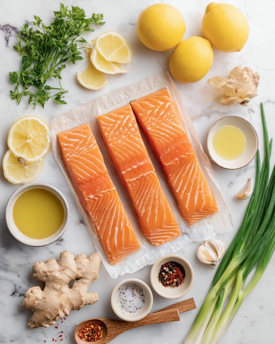 Four bright orange salmon fillets with white lines lie side by side on a sheet of parchment paper at the center, on a white marbled surface. Around them, on small white bowls and wooden spoons, are light yellow lemon slices, light yellow sauce, honey-like golden liquid, yellow olive oil, white salt, black pepper, and red chili flakes. Fresh green onions with roots and a small bunch of parsley sit on the top left, two whole yellow lemons near the top middle, and a whole garlic bulb with peeled cloves near the bottom right. A fresh piece of light brown ginger root is placed at the bottom left. The composition is bright, clean, and arranged with balance and order. Photo taken with an iphone --ar 4:5 --v 7
