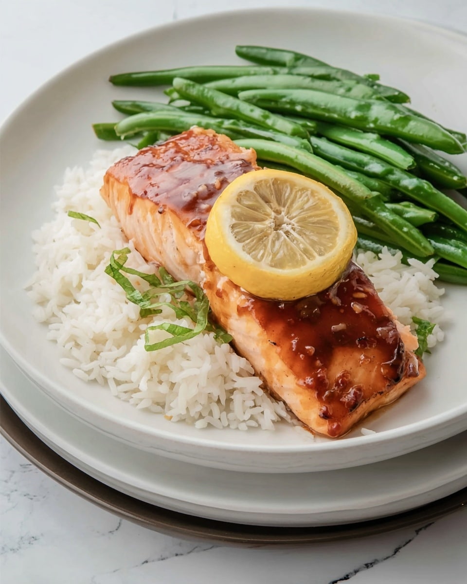 A white plate with three main layers: a bed of white rice spread flat on the bottom right, a piece of cooked salmon with a reddish-brown glaze on top of the rice, and a lemon slice resting on the salmon’s upper side. To the left of the rice and salmon, there is a small pile of bright green cooked green beans. The plate is placed on a stack of two larger white plates, all set on a white marbled surface. Photo taken with an iphone --ar 4:5 --v 7