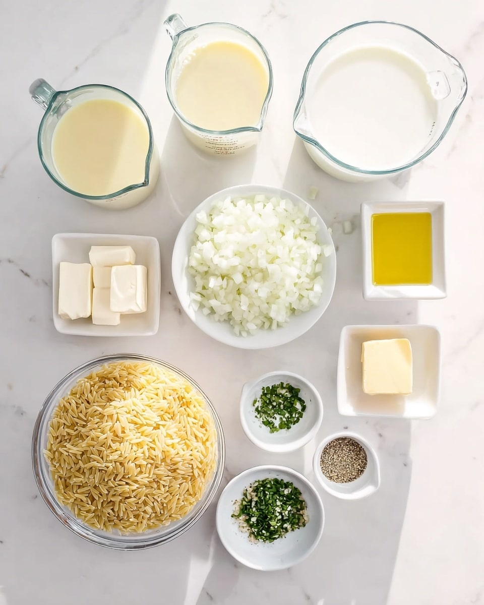 The image shows a white marbled surface with several white bowls and clear glass measuring cups holding different ingredients. There are two glass measuring cups at the top, one filled with a light yellow liquid, the other with milk. To the right, a white bowl with chopped white onions, a small square white dish with yellow oil, and a small white rectangular dish with two pieces of butter are arranged. At the bottom left, a white bowl contains grated cheese, a clear round bowl in the center holds uncooked orzo pasta, and next to it, small white bowls contain minced garlic, salt and pepper mix, and chopped green herbs. All items are arranged neatly in a grid, and the lighting highlights the clean, fresh look of the ingredients. photo taken with an iphone --ar 4:5 --v 7