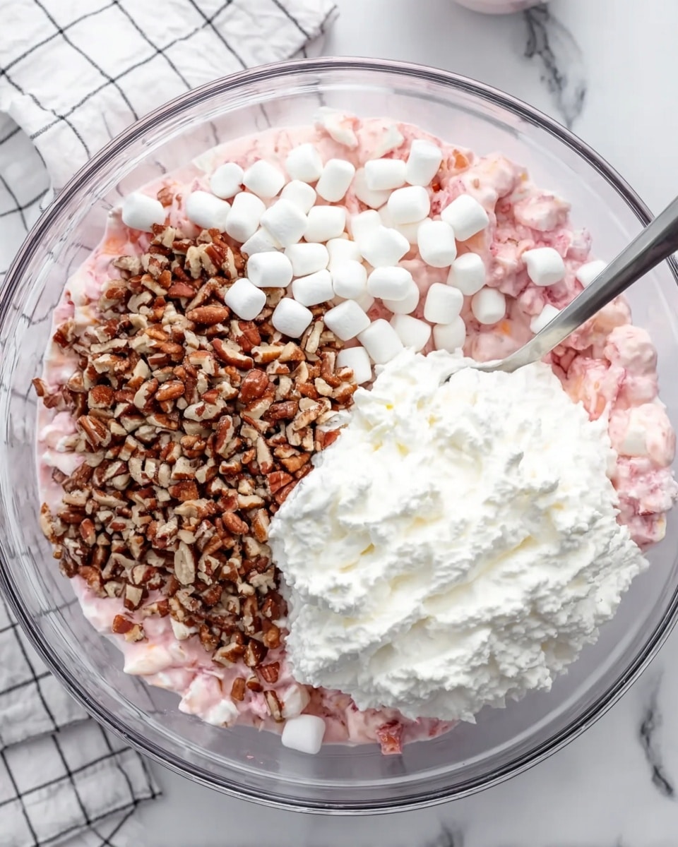 A clear glass bowl filled with a mixture of soft pink fruit salad at the base, topped with small white marshmallows scattered across the pink layer, a large pile of finely chopped brown pecans on one side, and a thick, fluffy white whipped cream mound on another side. A spoon is partially dipped into the mix on the right edge of the bowl. The bowl rests on a white marbled surface with a white and black checkered cloth nearby. Photo taken with an iphone --ar 4:5 --v 7
