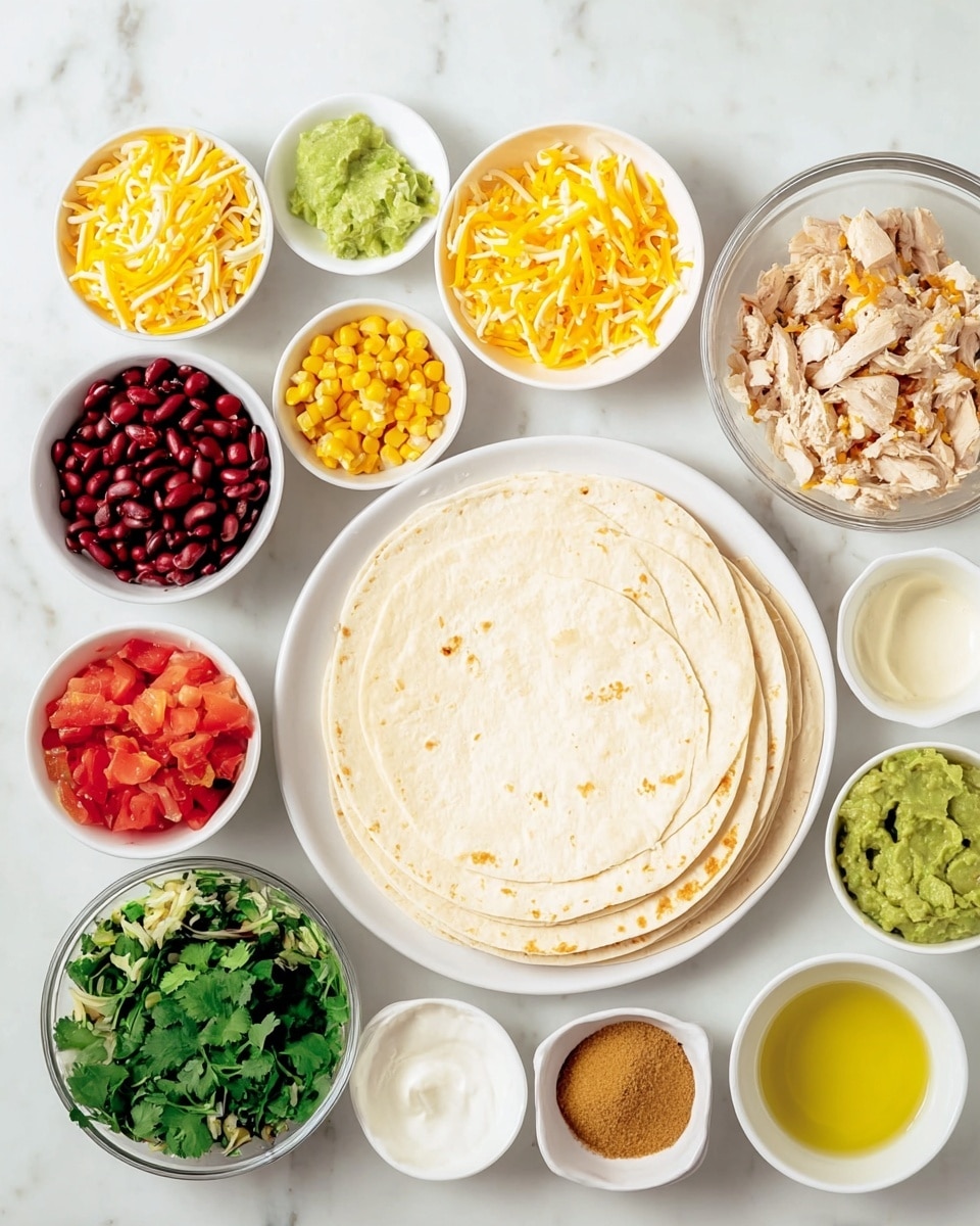 The image shows a white plate stacked with multiple round tortillas, placed on a white marbled surface. Around the plate, there are several small white bowls arranged neatly, each holding a different ingredient: shredded yellow and white cheese, chopped cooked greens with orange bits, whole yellow corn kernels, red kidney beans, chopped cooked light brown chicken pieces in a transparent glass bowl, bright green fresh cilantro leaves, finely chopped red tomatoes, chopped yellow pickles, creamy white sauce, chunky guacamole, and a small bowl with light brown seasoning powder. There is also a bowl with light yellow oil, completing the colorful and fresh look of the ingredients. photo taken with an iphone --ar 4:5 --v 7