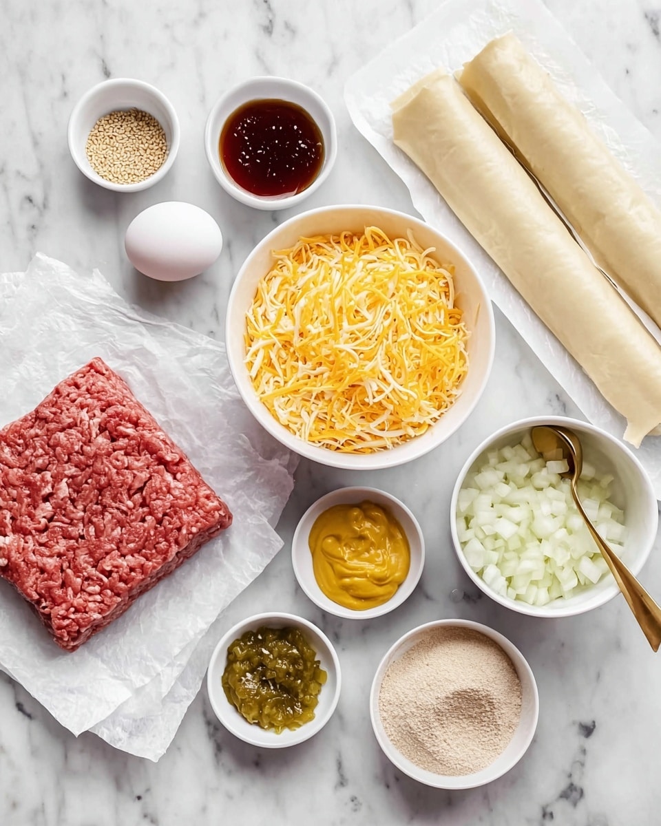 The image shows an overhead view of cooking ingredients on a white marbled surface. There is a rectangular block of raw ground meat on white parchment paper on the left side. Above it, there are three small white bowls: one with an egg, one with sesame seeds, and one with a dark brown liquid. In the center, there is a large white bowl filled with shredded yellow cheese. To the right, a white cup holds chopped white onions. Below the onion cup, a small white bowl contains three sauces or pastes: red, yellow mustard, and a green chunky sauce. Another small white bowl nearby has two different powders, one light beige and one tan. Two rolled white sheets of dough or pastry lie horizontally in the top right corner. A golden spoon rests inside the bowl with mustard. Photo taken with an iphone --ar 4:5 --v 7