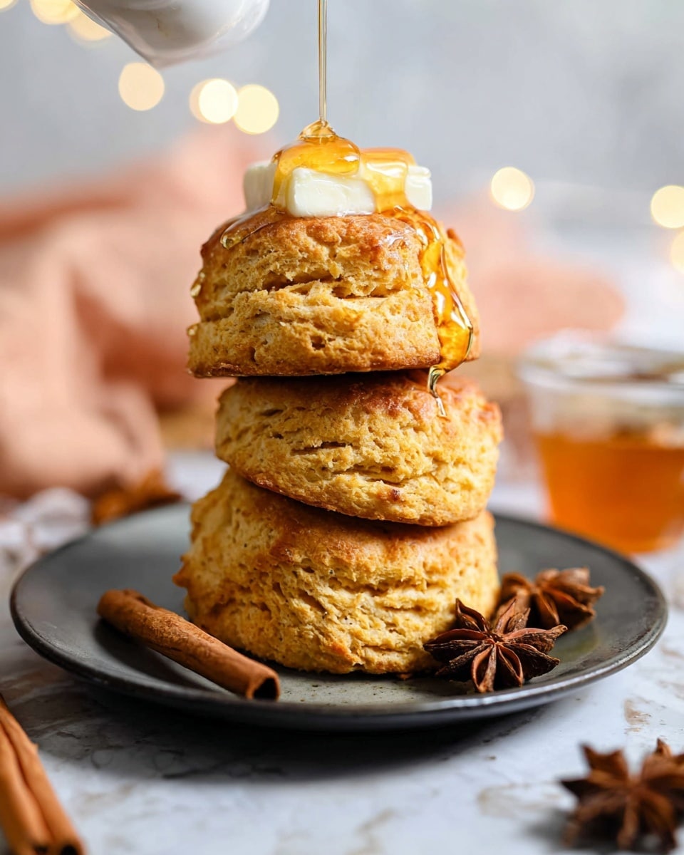 The image shows a stack of three golden brown biscuits on a white plate with a matte black finish. Each biscuit layer has a rough, crumbly texture and is thick, with the edges showing some unevenness that makes them look homemade. On top of the stack is a small pat of white butter with honey being drizzled over it, creating a shiny stream that flows down the biscuits. Around the plate, there are whole cinnamon sticks and star anise, adding warm brown tones and extra texture to the scene. The background is softly blurred and features a white marbled surface, with soft lighting giving the biscuits a fresh and warm appearance. photo taken with an iphone --ar 4:5 --v 7