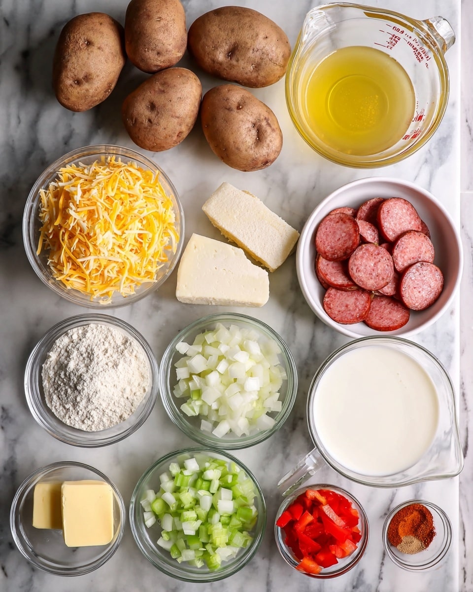 The image shows ingredients arranged on a white marbled surface. At the top center, there is a clear glass bowl with four whole brown potatoes. To the right of the potatoes is a clear glass measuring cup filled with yellowish broth. Below the potatoes is a white bowl of shredded yellow cheese. To the right of the cheese is a white bowl with round slices of sausage showing a pink interior and darker red outside. Below the sausage is a small clear bowl with a light yellow cube of butter and another clear bowl next to it containing white flour. At the bottom center is a clear bowl filled with white milk. To the left of the milk is a white bowl with chopped white onions and diced red bell peppers. Above this bowl are two small clear bowls, one with chopped celery and one with finely minced garlic. Next to the celery bowl is a small clear bowl of olive oil, and to its left is a small clear bowl containing a reddish spice mix. photo taken with an iphone --ar 4:5 --v 7