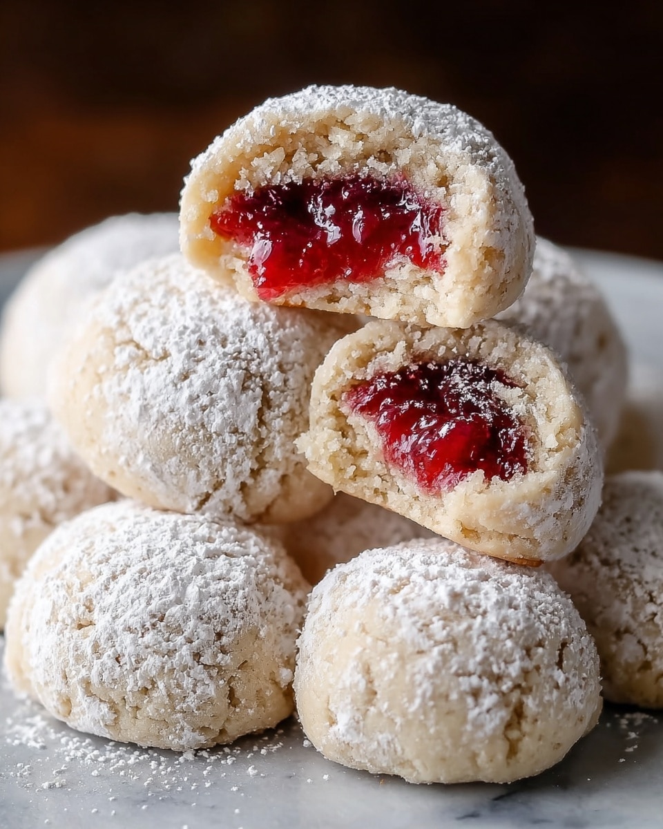 A stack of small round cookies dusted with white powdered sugar sits on a white marbled surface, with one cookie broken in half to show the inside. The cookie has an outer layer of crumbly light beige dough, coated lightly with powdered sugar, and a bright red jam filling in the center that looks soft and slightly shiny. The cookies are arranged closely together, some blurred in the background, all resting on a simple white marbled surface. Photo taken with an iphone --ar 4:5 --v 7