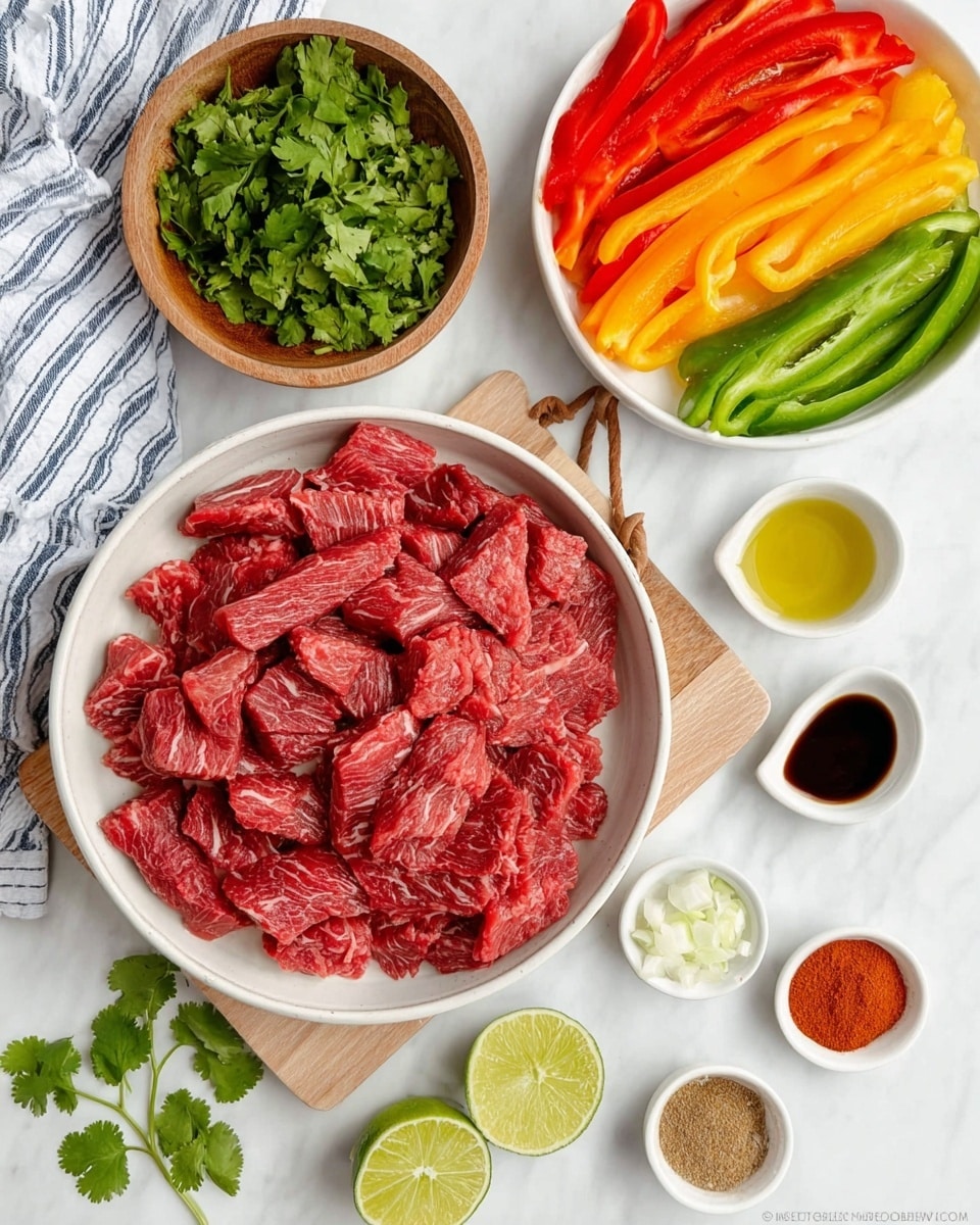 The image shows a white bowl filled with many thin red slices of raw beef with slight white marbling, placed on a light wooden cutting board with a leather loop. To the top right, there is a white bowl containing three groups of sliced peppers: green, red, and yellow, all long and thin. Above the beef bowl, there is a small wooden bowl filled with fresh green cilantro leaves. Two lime halves sit next to the wooden bowl on the white marbled surface. Around the bowls are small white dishes holding spices and liquids: a brown powder, a dark brown liquid, a mix of red and white powders, olive oil, and chopped green onions. A green cilantro leaf lies on the surface near the bottom, and a white cloth with blue stripes is on the left side. Photo taken with an iphone --ar 4:5 --v 7