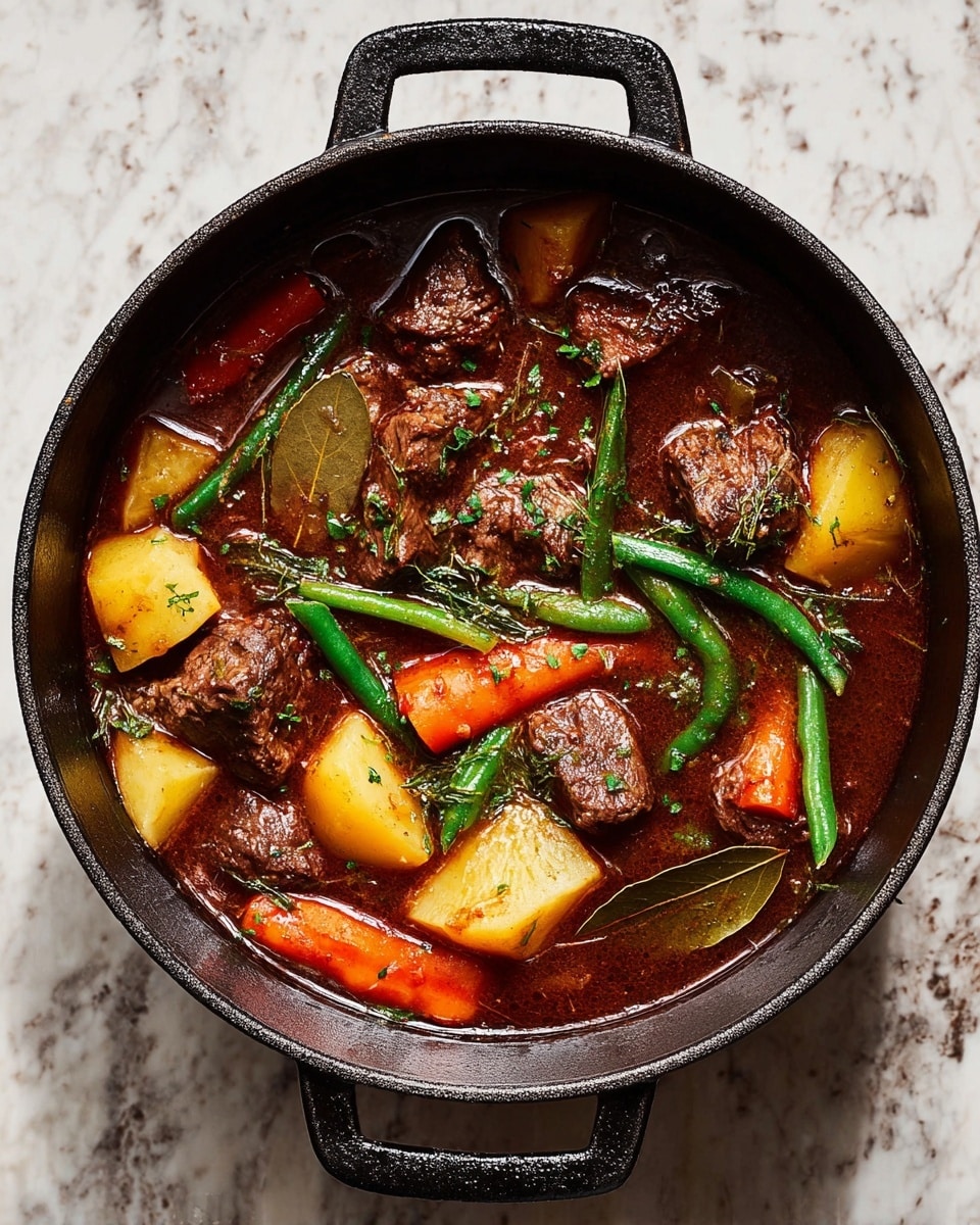 A black cast iron pot filled with a rich, dark brown stew sits on a white marbled surface. Inside, there are several chunky pieces of brown meat, bright orange carrot segments, yellow potato pieces, and fresh green beans. The stew’s liquid is thick and glossy, with small bits of herbs sprinkled on top, adding green dots. Two large dark bay leaves float visibly among the ingredients. The pot has handles on both sides, and the surrounding surface is a white marbled texture. photo taken with an iphone --ar 4:5 --v 7