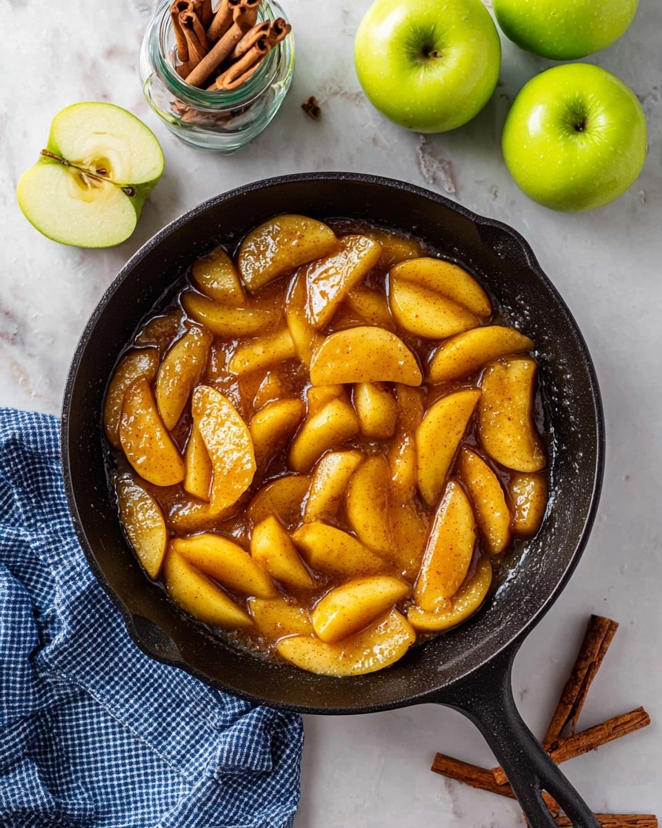 A black cast iron skillet holds about three layers of soft cooked apple slices. The apples are bright yellow and golden brown, covered in a shiny caramel-like sauce. The skillet is placed on a white marbled surface. Near the skillet, there are fresh whole green apples and one green apple cut in half showing its seeds. A small clear glass jar filled with cinnamon sticks sits to the side, along with a couple of loose cinnamon sticks outside the jar. A blue and white checked cloth is partly visible beside the apples. The photo taken with an iphone --ar 4:5 --v 7