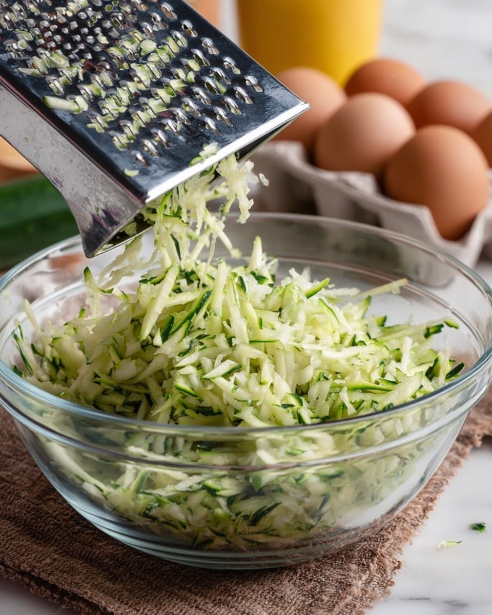 A clear glass bowl filled with freshly grated light green zucchini is shown with a metal box grater positioned above it, still releasing thin, shredded pieces of zucchini into the bowl. The background includes brown eggs in a carton and a blurry yellow container, all placed on a textured brown cloth resting on a white marbled surface. The zucchini shreds have a moist, slightly textured look with dark green edges and lighter inside, and the metal grater is shiny with small, sharp holes. photo taken with an iphone --ar 4:5 --v 7