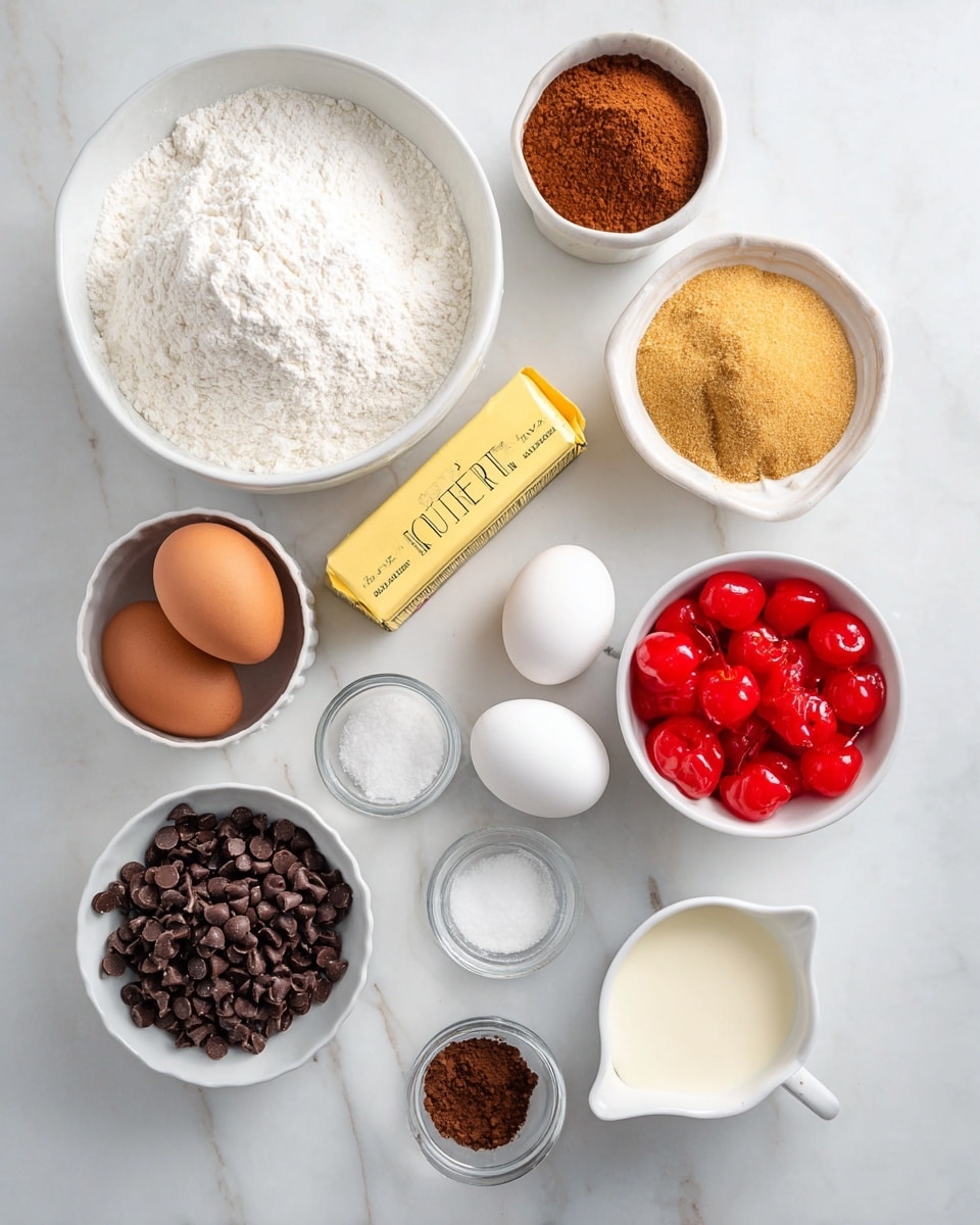 The image shows several small white bowls and dishes arranged on a white marbled surface. There is a large bowl with white flour, a medium bowl with golden brown sugar, a medium bowl with light brown cocoa powder, two white eggs placed side by side, a stick of yellow butter wrapped in paper, a medium bowl filled with bright red maraschino cherries, a small bowl with dark brown chocolate chips, a small bowl of white granulated sugar, and four tiny speckled bowls containing salt, vanilla extract, another pinch of salt, and baking powder. At the bottom right is a small white measuring cup filled with cream. photo taken with an iphone --ar 4:5 --v 7
