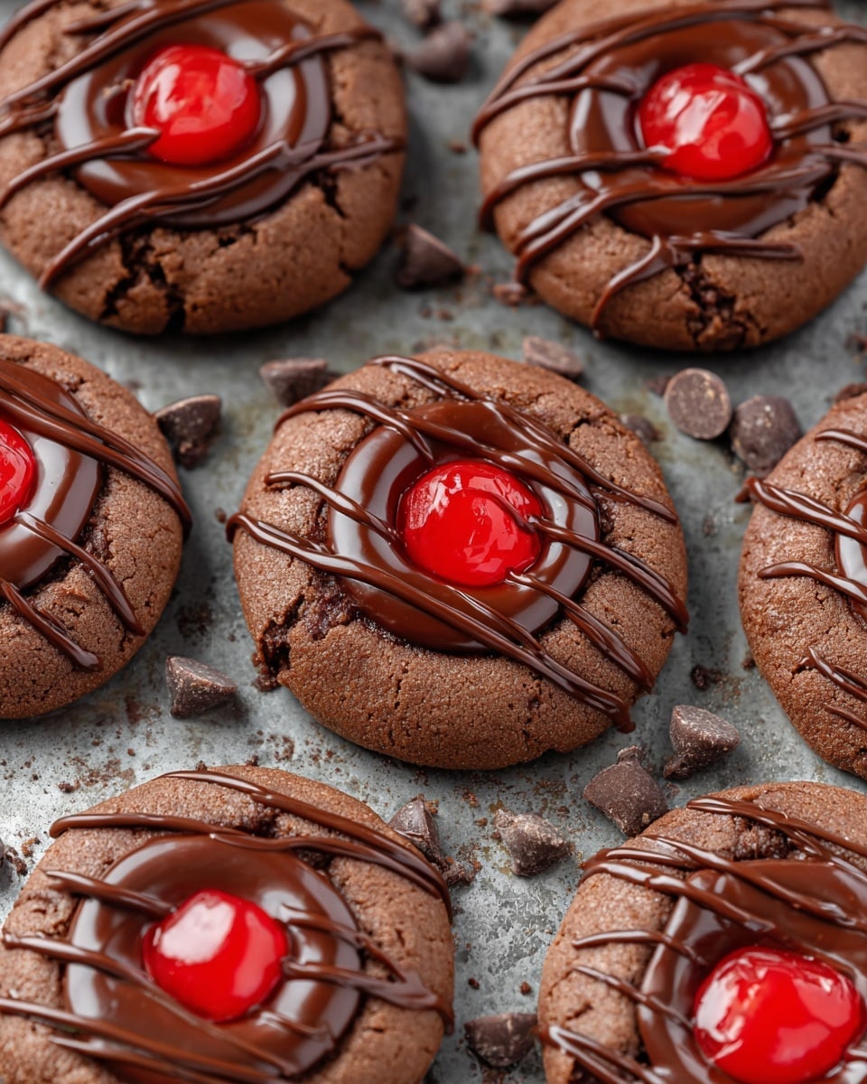 The image shows several round chocolate cookies with a soft texture, each topped with a glossy, bright red cherry placed in the center. Surrounding the cherry is a smooth, dark chocolate layer, slightly melted. Across the top of each cookie are thin, zigzagged lines of milk chocolate drizzle. The cookies rest close together on a metal surface with scattered chocolate chips and some cookie crumbs around them. Photo taken with an iphone --ar 4:5 --v 7