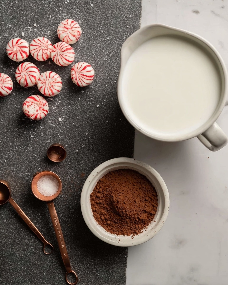 The image shows a white container filled with milk placed on the top right of a white marbled surface. Below the container is a small white dish filled with cocoa powder. To the lower right of the dish, there are two copper measuring spoons lying flat, one with a little bit of coffee, and the other empty. Scattered to the left side of the image are small white and red striped candies spread unevenly. The photo has good lighting and a clear view of the ingredients photo taken with an iphone --ar 4:5 --v 7