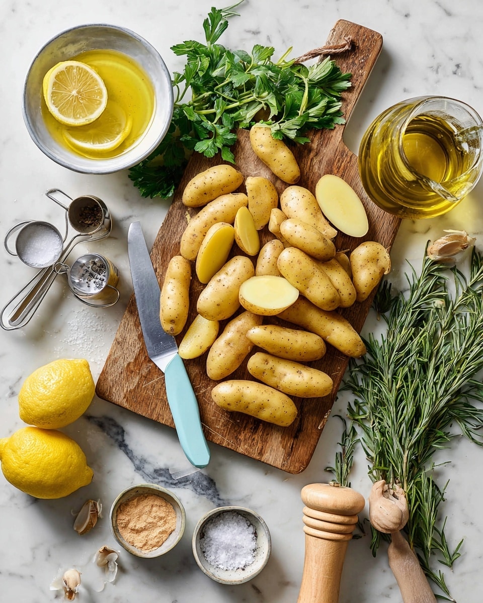 The image shows a wooden cutting board on a white marbled surface with many small fingerling potatoes, some whole and some sliced in half to show pale yellow inside. On the cutting board, a knife with a light blue handle lies under the cut potatoes. Around the board are fresh green herbs like parsley and rosemary, a halved lemon, and a lemon juicer with a lemon inside. Small bowls contain white salt, light brown and beige spices, and metal measuring spoons are placed near the herbs and spices. A clear glass bottle with golden olive oil and a light wood pepper grinder are also on the marble surface nearby. Photo taken with an iphone --ar 4:5 --v 7