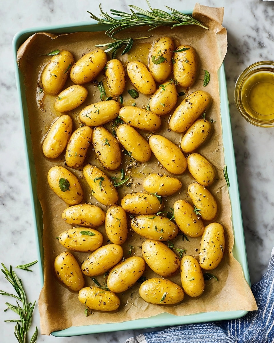 A light green baking tray lined with brown parchment paper holds about 30 small fingerling potatoes, spaced apart. The potatoes have a golden yellow color with a slightly shiny texture, sprinkled with coarse black pepper and small green rosemary leaves. A sprig of fresh rosemary lies at the top edge of the tray on a white marbled surface. To the right, there is a clear glass filled with golden olive oil. A blue and white striped cloth is partially visible in the bottom right corner. Photo taken with an iphone --ar 4:5 --v 7