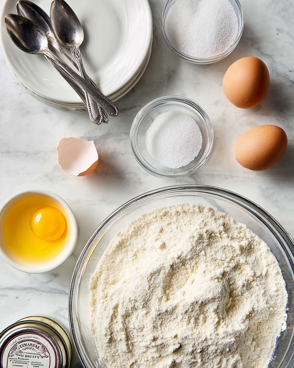 A large clear glass bowl filled with a white flour mixture sits on a white marbled surface. To its left are three silver measuring spoons placed on a stack of two white plates, with a small glass bowl of white granulated sugar above them. In the top center, there is a small white bowl holding a bright yellow egg yolk, with an empty brown eggshell nearby. Two whole brown eggs rest near the bowl, along with a small glass bottle filled with a dark liquid and an open tin of white powder baking soda in the bottom left corner. The overall setup looks clean and organized. photo taken with an iphone --ar 4:5 --v 7
