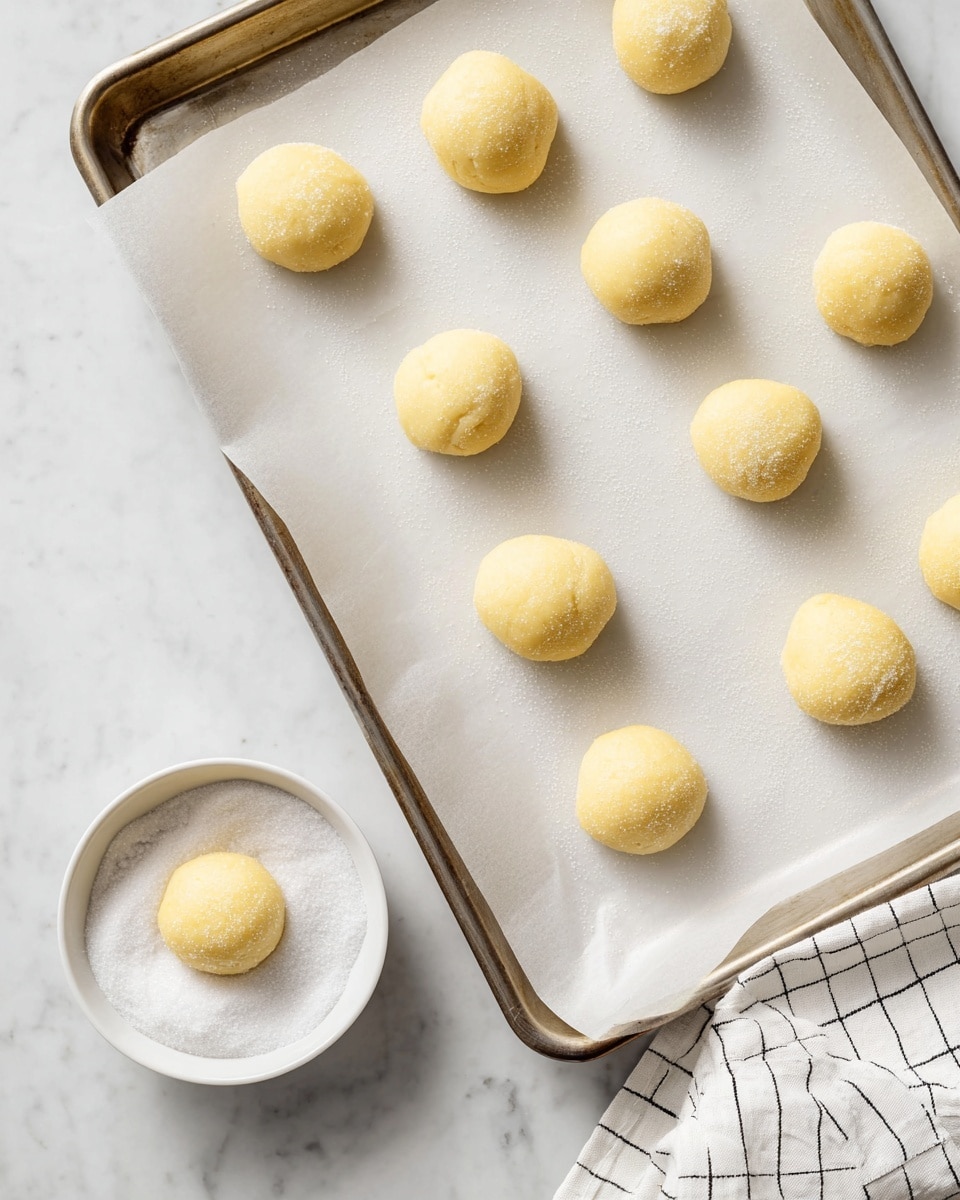 The image shows a baking tray with nine pale yellow round dough balls spaced apart on white parchment paper. The dough balls have a soft, smooth texture and look slightly coated with fine sugar. In the bottom left corner, there is a small white bowl filled with granulated sugar, holding one dough ball resting on top. To the right side, a white cloth with a simple black grid pattern is partially visible next to the tray. The tray and bowl sit on a white marbled surface. photo taken with an iphone --ar 4:5 --v 7