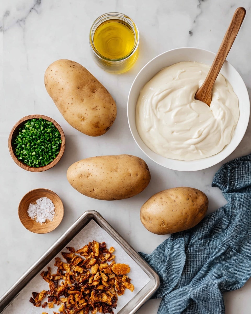 The image shows four whole, light brown potatoes with a natural rough texture placed on a white marbled surface. Near the top right, a white bowl filled with thick, creamy white sauce has a wooden spoon resting inside. Just above the potatoes, there is a small glass jar with golden yellow oil. To the left side, a small wooden dish holds finely chopped green chives. Adjacent to the bowl of sauce is a small wooden dish containing white salt with some brown seasoning. At the bottom right, on a silver tray lined with white paper, there is a pile of small crumbled pieces of roasted or fried bits colored golden brown to dark brown. A folded blue-gray cloth is partially visible under the potatoes. photo taken with an iphone --ar 4:5 --v 7