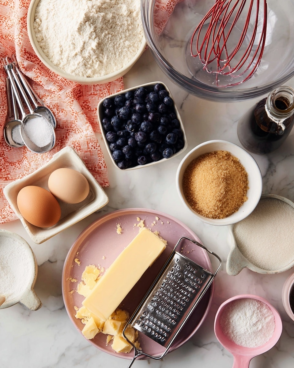 The image shows ingredients for baking on a white marbled surface with a pink, red, and orange cloth underneath some items. At the center bottom, there is a pink ceramic plate with a metal grater holding a long stick of pale yellow butter and some grated pieces around it. To the left, there are three metal measuring spoons stacked, resting on a small white dish with white salt. Above that is a large clear glass mixing bowl with a red whisk inside. In the middle top area, there is a square white ceramic bowl full of dark blue blueberries, next to a light brown egg. Surrounding these are other ingredients in small bowls: a beige bowl filled with coarse brown sugar, a light pink measuring cup with white flour, and a pink measuring cup with fine white sugar. In the top right corner, a dark glass bottle of vanilla extract stands. The setup is bright and clean, arranged neatly for a baking recipe photo taken with an iphone --ar 4:5 --v 7