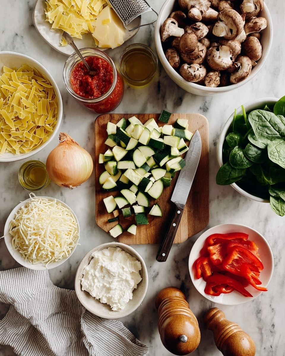 The image shows ingredients for a meal arranged on a white marbled surface. At the center, a wooden board holds chopped green zucchini pieces beside a large knife with some zucchini on the blade. To the top right, a white bowl is full of whole brown mushrooms. Below it, a bowl contains a white creamy cheese, and next to that, another bowl holds shredded cheese. To the left side, an onion half and garlic cloves sit on the marble, near uncooked yellow lasagna noodles placed on a white plate. A jar of red sauce, a lemon, a small glass container with golden olive oil, a wooden pepper grinder, and a bowl with cut red bell peppers complete the setup. Fresh spinach leaves are placed beside the mushrooms and zucchini. A striped white cloth is partly visible on the bottom left. Photo taken with an iphone --ar 4:5 --v 7