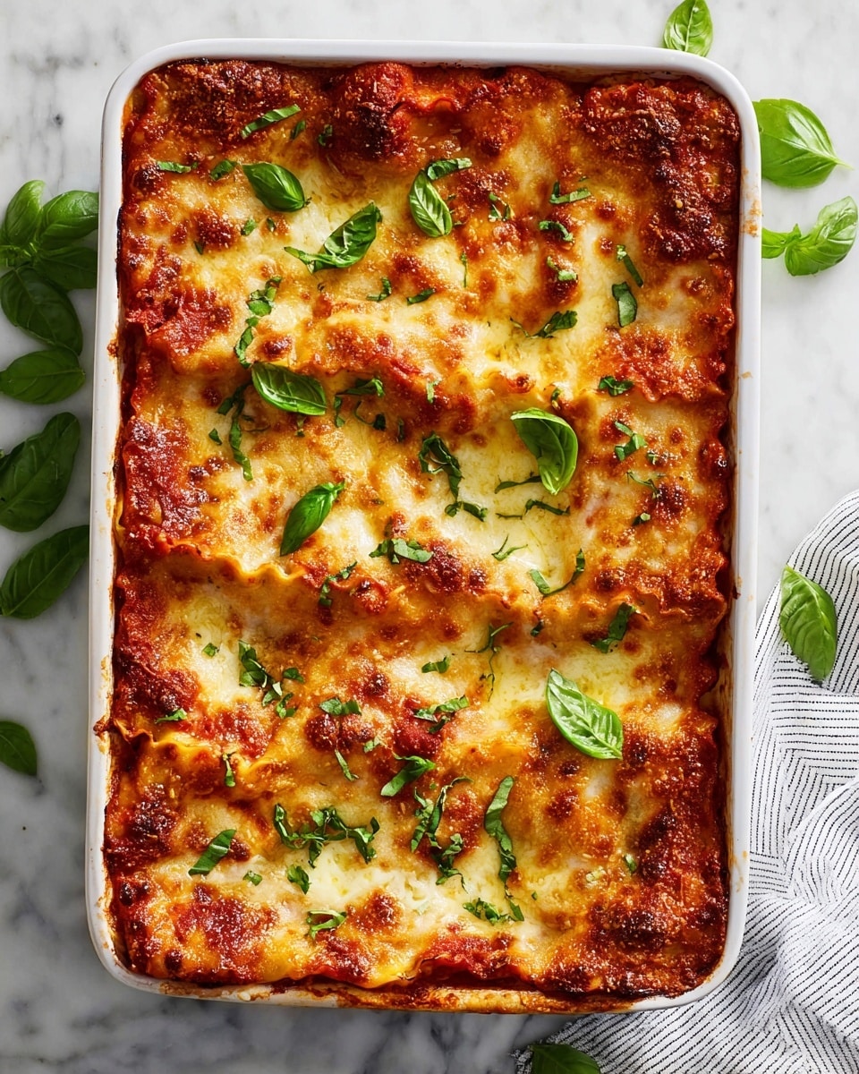 A rectangular white baking dish filled with six layers of golden-brown baked lasagna, each layer made of smooth pasta sheets, rich red tomato sauce, and melted cheese with bubbly browned spots on top; fresh green basil leaves are spread evenly over the surface, adding a touch of vibrant color against the warm, cheesy top layer; the dish sits on a white marbled surface with a striped white and gray cloth partially visible on the right side, and scattered basil leaves nearby, creating a fresh and inviting look. photo taken with an iphone --ar 4:5 --v 7