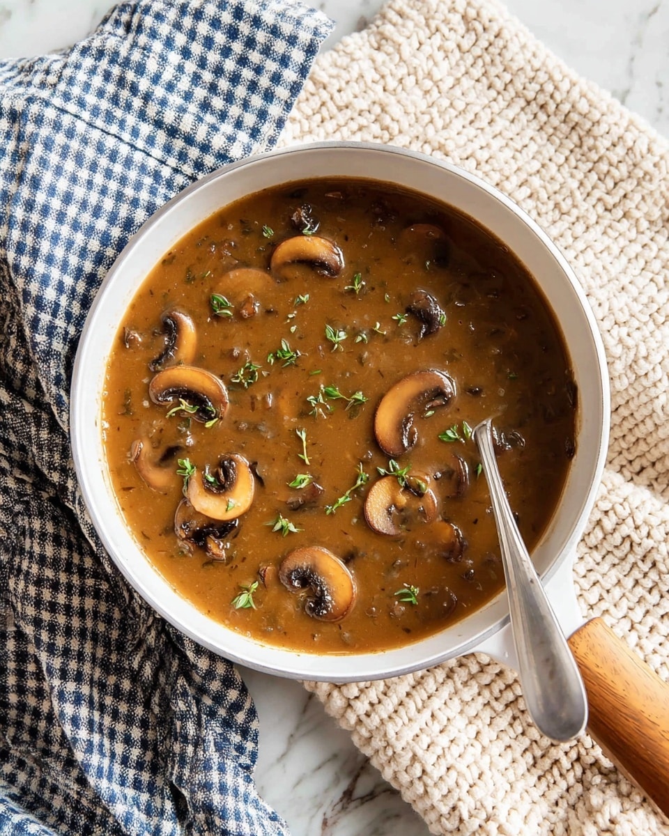 A white pan filled with thick brown mushroom soup showing several large sliced mushrooms evenly spread in the broth, topped with small green herb leaves. The pan rests on a chunky cream knitted cloth with a blue and white checkered cloth beside it, all set on a white marbled surface. A silver spoon is partly inside the soup near the right edge of the pan, and the pan has a wooden handle extending to the top right corner. photo taken with an iphone --ar 4:5 --v 7