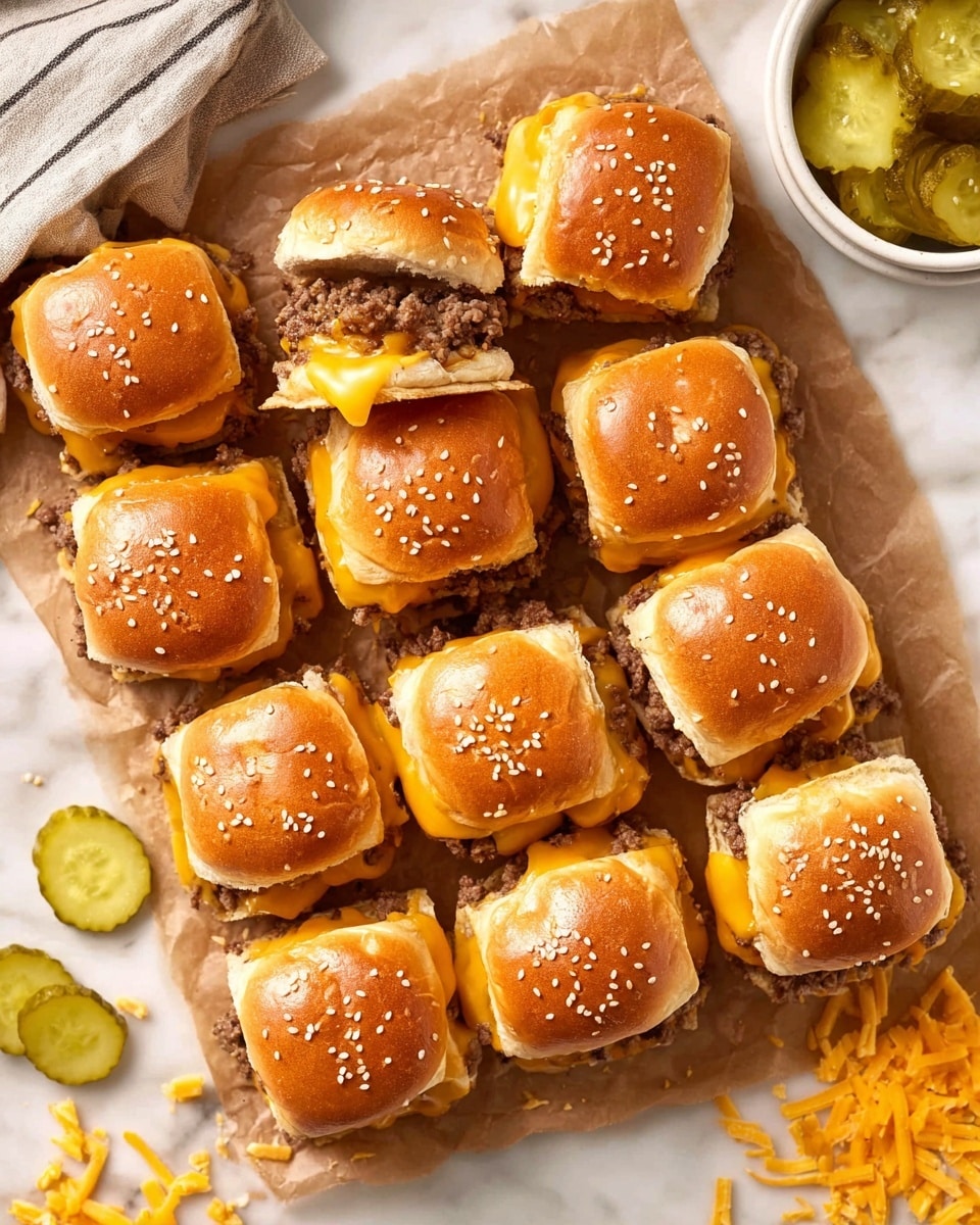A batch of twelve small sandwiches arranged in a 3 by 4 grid on brown parchment paper, each sandwich has a shiny golden brown top bun sprinkled with sesame seeds. Inside, layers of melted orange cheddar cheese and cooked ground beef fill each sandwich, visible where one is lifted to show the soft buns and juicy filling. Around the sandwiches, loose cheese shreds and round pickle slices rest on a white marbled surface, with a white bowl of pickles on the top right. Photo taken with an iphone --ar 4:5 --v 7