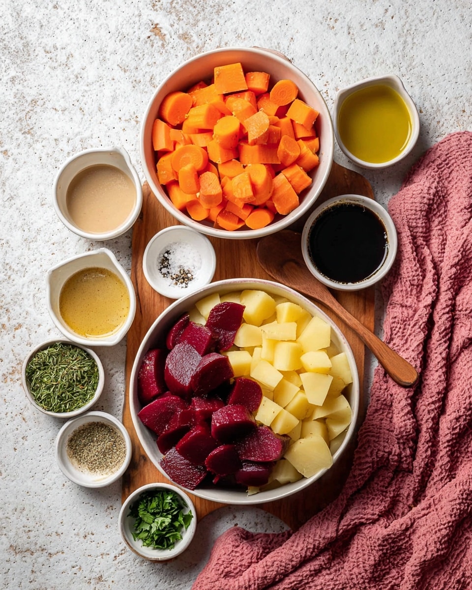 The image shows two white bowls on a white marbled surface, placed on a wooden board. The top bowl is filled with bright orange chopped carrots, while the bottom bowl holds two types of chopped root vegetables—deep red beets on the left and pale yellow potatoes on the right. At the center of the top bowl, there is a small white dish with salt and black pepper. Around the bowls, there are different small white cups and bowls holding a variety of ingredients like a thick light beige sauce, a dark liquid, a thin clear yellow oil, fresh green chopped herbs, and some dried green seasoning in a wooden spoon resting on the bottom bowl. A pink textured cloth is draped on the right side of the board. The photo taken with an iphone --ar 4:5 --v 7