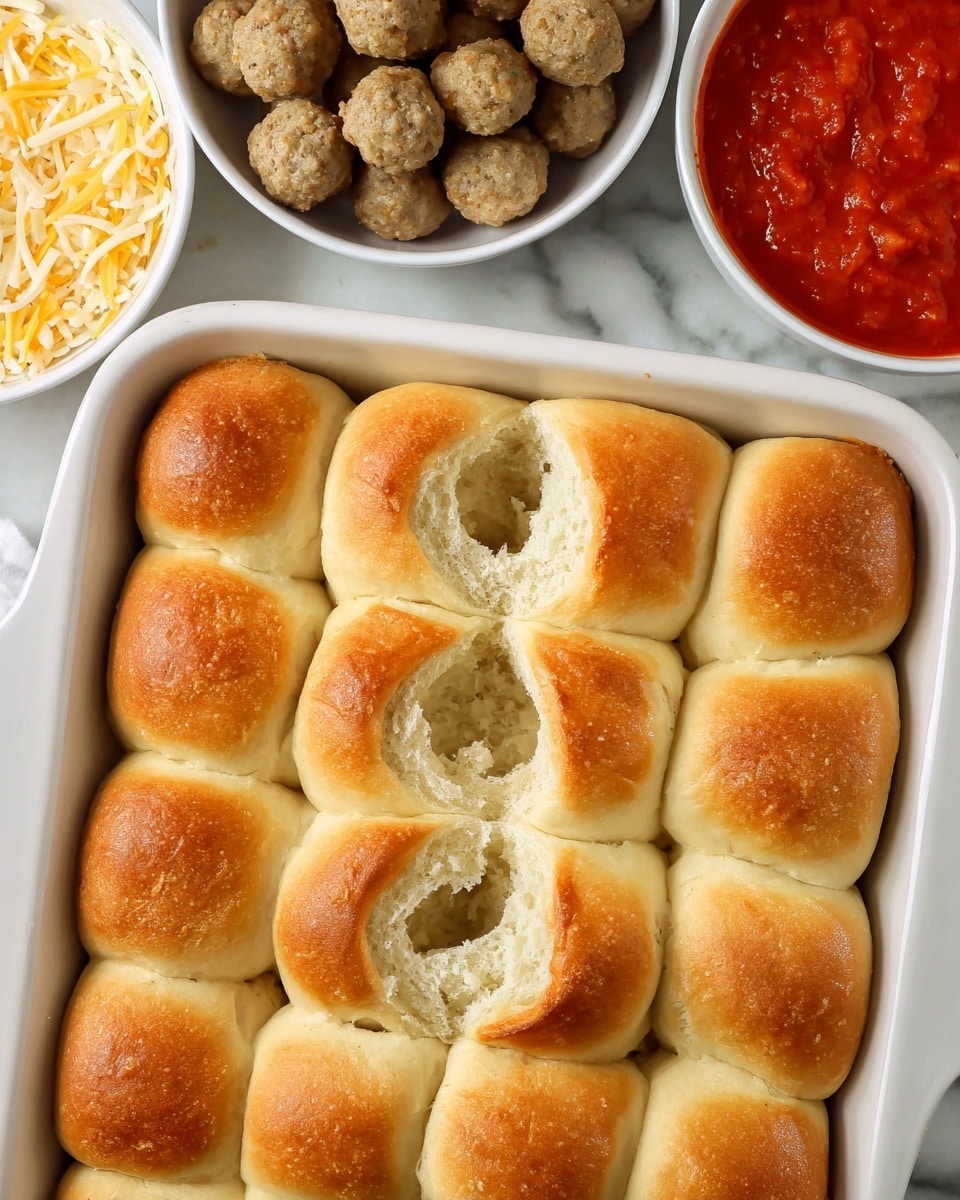 The image shows a white rectangular baking dish filled with 20 soft golden-brown rolls arranged in four rows and five columns. Each roll has a small hollow scoop taken from its center, revealing the soft, light beige bread inside. Around the dish, there are separate white bowls: one filled with small light brown meatballs, another with bright red smooth tomato sauce, and a third bowl partially visible with shredded white cheese. The whole setting is on a white marbled surface. photo taken with an iphone --ar 4:5 --v 7