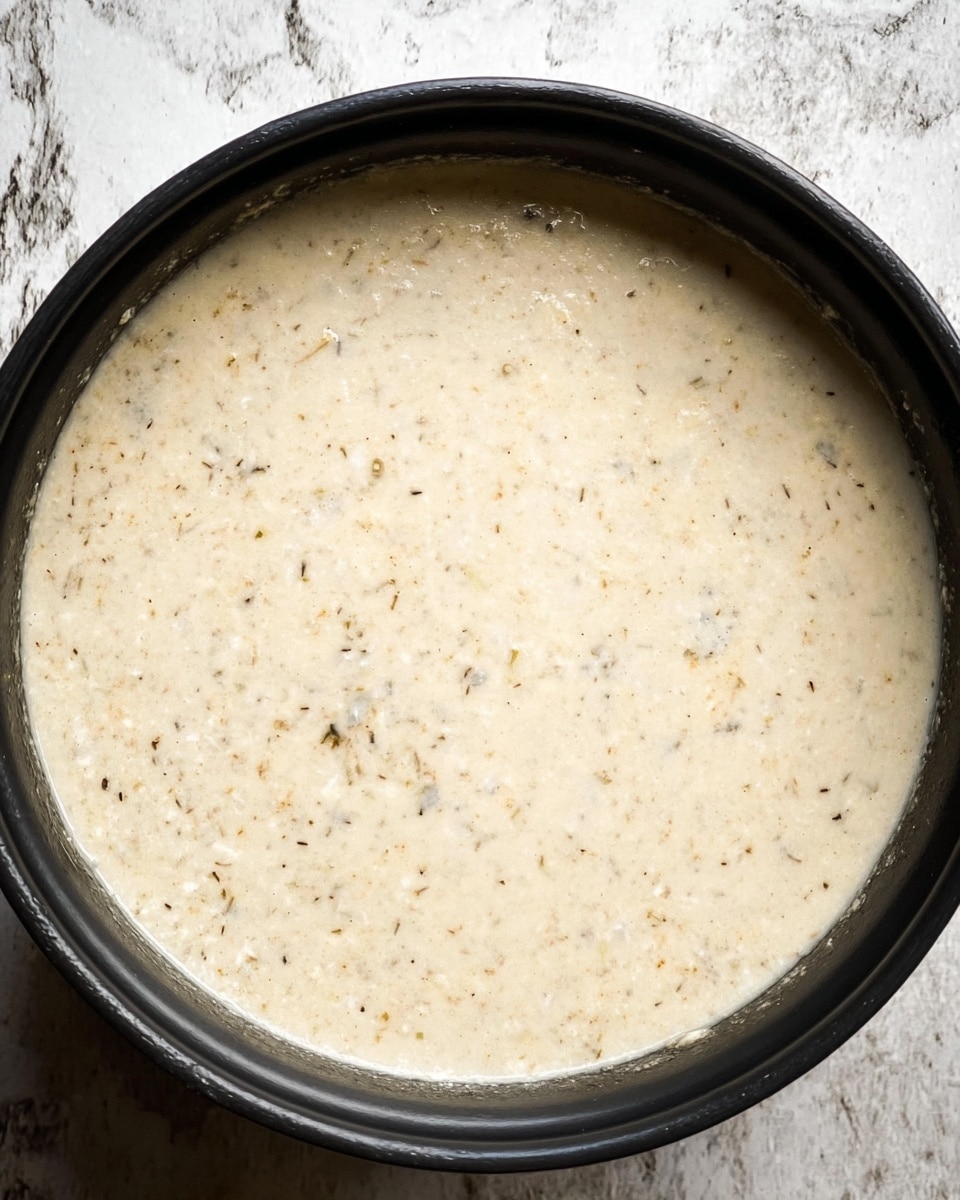 The dish is shown as a single layer of creamy, thick soup or sauce in a round black pot. The surface is mostly smooth with small specks of herbs or spices scattered evenly throughout, giving it a textured look with light beige and off-white colors mixed with tiny dark brown spots. The pot is shown from the top, filling the frame, with no other elements visible. The background has a white marbled texture photo taken with an iphone --ar 4:5 --v 7