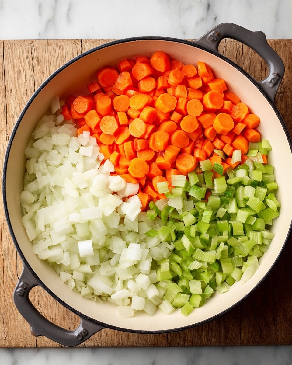 A round white pan seen from above holds three sections of diced vegetables layered side by side, filling the pan evenly. The top right section is filled with white chopped onions with a soft translucent texture. The bottom right section contains fresh light green diced celery with visible ribbed texture. The left half of the pan is layered with bright orange carrot slices cut into small, rounded pieces. The pan has a black rim and two handles on either side, placed on a white marbled surface. photo taken with an iphone --ar 4:5 --v 7