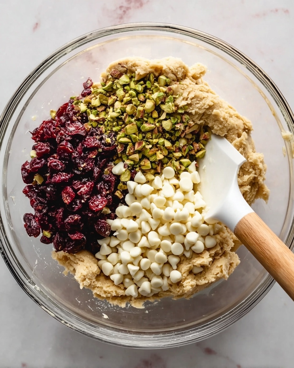 A clear glass bowl sitting on a white marbled surface holds a thick beige dough base. On top of the dough are three layers: roughly chopped green pistachios on the upper right, dark red dried cranberries on the left, and a heap of white chocolate chips in the center. A white spatula with a wooden handle is partially inserted into the dough on the right side of the bowl. photo taken with an iphone --ar 4:5 --v 7