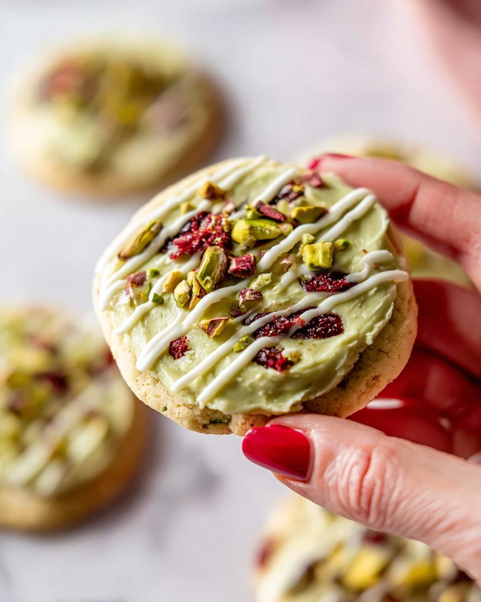 A close-up of a small round cookie held by a woman's hand with red nail polish against a white marbled surface. The cookie has a light golden base layer, topped with a thick creamy green spread that has a smooth texture. On top of the green layer, there are small pieces of chopped pistachios and dried red cranberries scattered around. Thin white icing is drizzled in three parallel lines across the top. In the background, three more cookies with similar layers are slightly out of focus. Photo taken with an iphone --ar 4:5 --v 7