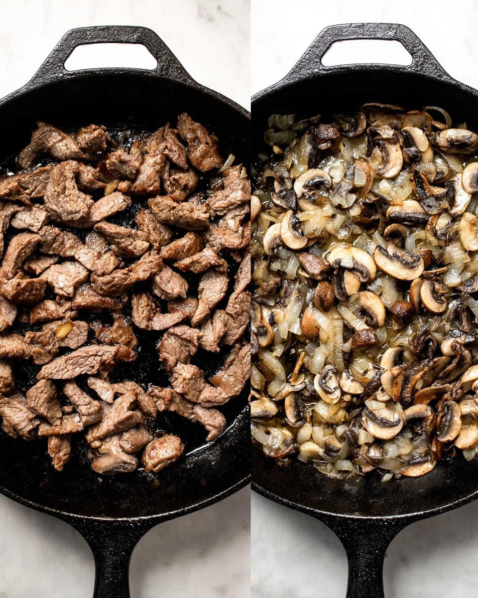 The image shows two side-by-side cast iron pans on a white marbled surface. The left pan contains browned beef strips cooked in oil, with each piece irregular in shape and a mix of light and dark brown tones showing a cooked texture. The right pan has sautéed mushrooms and chopped onions, with the mushrooms sliced and browned, and the onions translucent and soft, covering the entire pan bottom in a mix of beige, light brown, and off-white colors. Both pans are black and have a rustic, textured look. Photo taken with an iphone --ar 4:5 --v 7