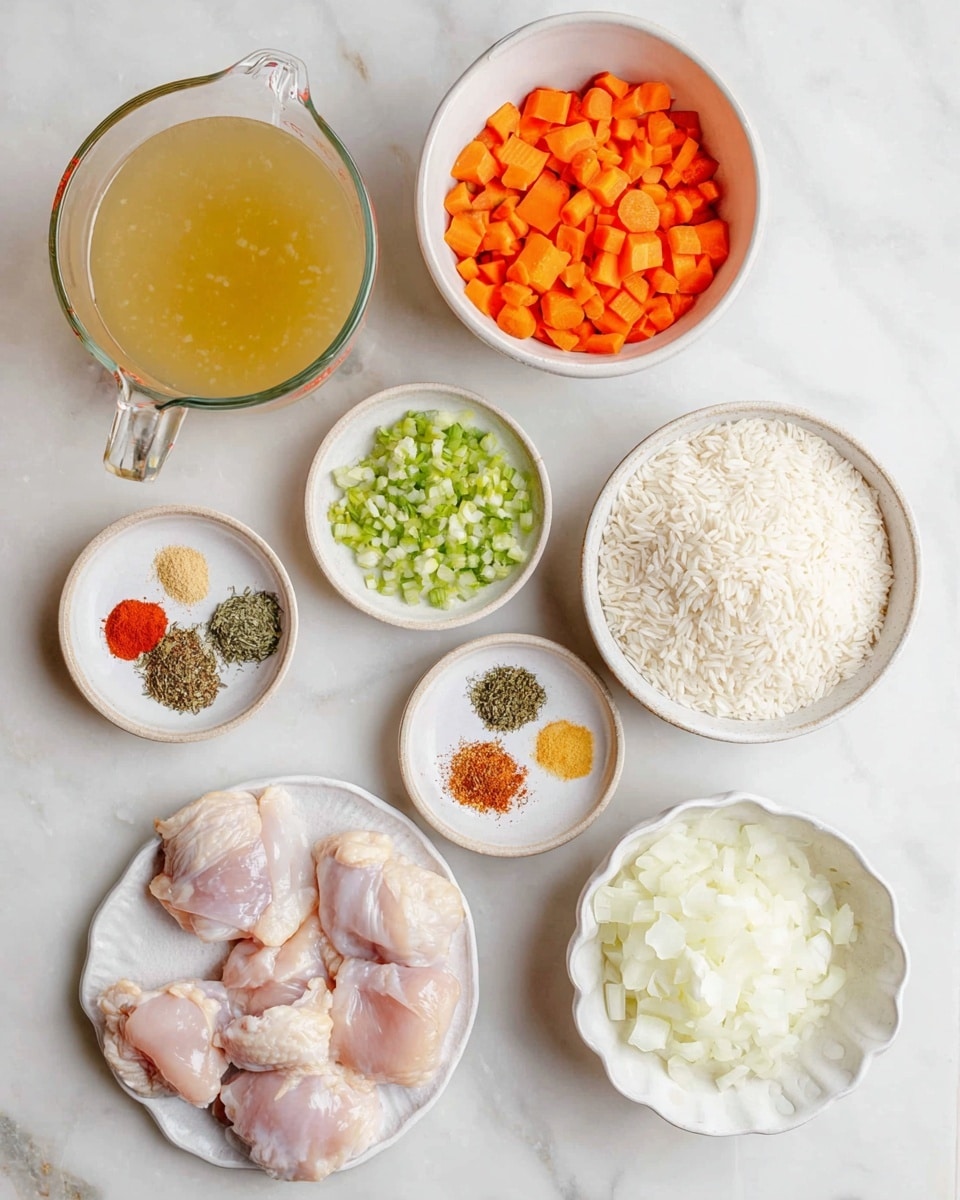 The image shows several bowls and a measuring cup arranged on a white marbled surface, each holding different ingredients. Starting from the top left, a clear measuring cup holds light yellow broth. Next to it, a white bowl is filled with small bright orange carrot pieces. To the right, another white bowl contains white rice grains. Below the carrots, a small white bowl holds light green chopped celery. Beside it, a scalloped-edge white bowl has a variety of spices arranged in small piles: white salt, red chili powder, yellow powder, dried green herbs, and crushed red pepper flakes. At the bottom left, a white plate with specks contains five raw, light pink chicken pieces. To the right, a small white bowl contains chopped garlic. Lastly, in the bottom right corner is a white bowl filled with chopped white onions. Photo taken with an iphone --ar 4:5 --v 7