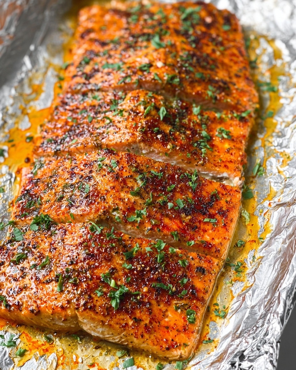 A large piece of cooked salmon with a crispy, dark orange-brown seasoning crust on top, sprinkled with small green herb pieces, sits on shiny crinkled aluminum foil. The salmon has been sliced into four thick sections showing the moist, pink inside visible under the crust. Around the salmon, golden orange oil or sauce pools on the foil. The background is a white marbled texture. photo taken with an iphone --ar 4:5 --v 7