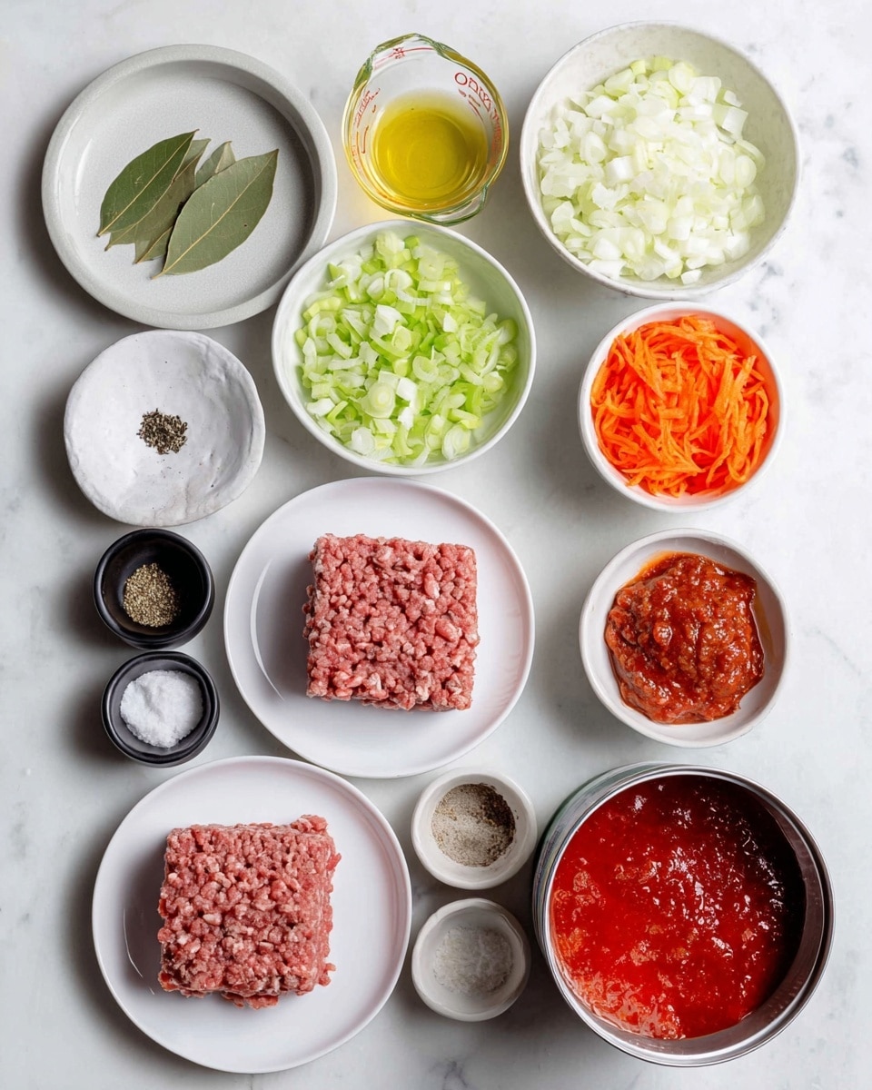 A white marbled surface holds a group of white bowls and plates filled with different ingredients arranged in a loose circle. At the bottom, two white plates each carry a square of raw ground meat, one darker pink and one lighter pink. Between them is a small white bowl filled with small cubes of raw bacon. Above and to the right is a white bowl full of finely chopped mushrooms, dark brown with textures from their small pieces. Next to it is a white bowl with finely diced light green celery and above that a white bowl filled with finely chopped white onions. Near the top are two clear glass measuring cups, one with light yellow oil and the other with brown liquid. Small bowls include two green bay leaves on a white plate on the left, a gray bowl with white salt and black pepper, a small black bowl with minced garlic, a white bowl with bright shredded orange carrots, a white bowl with thick, bright red tomato paste, and a shiny opened can with red crushed tomatoes in the center photo taken with an iphone --ar 4:5 --v 7