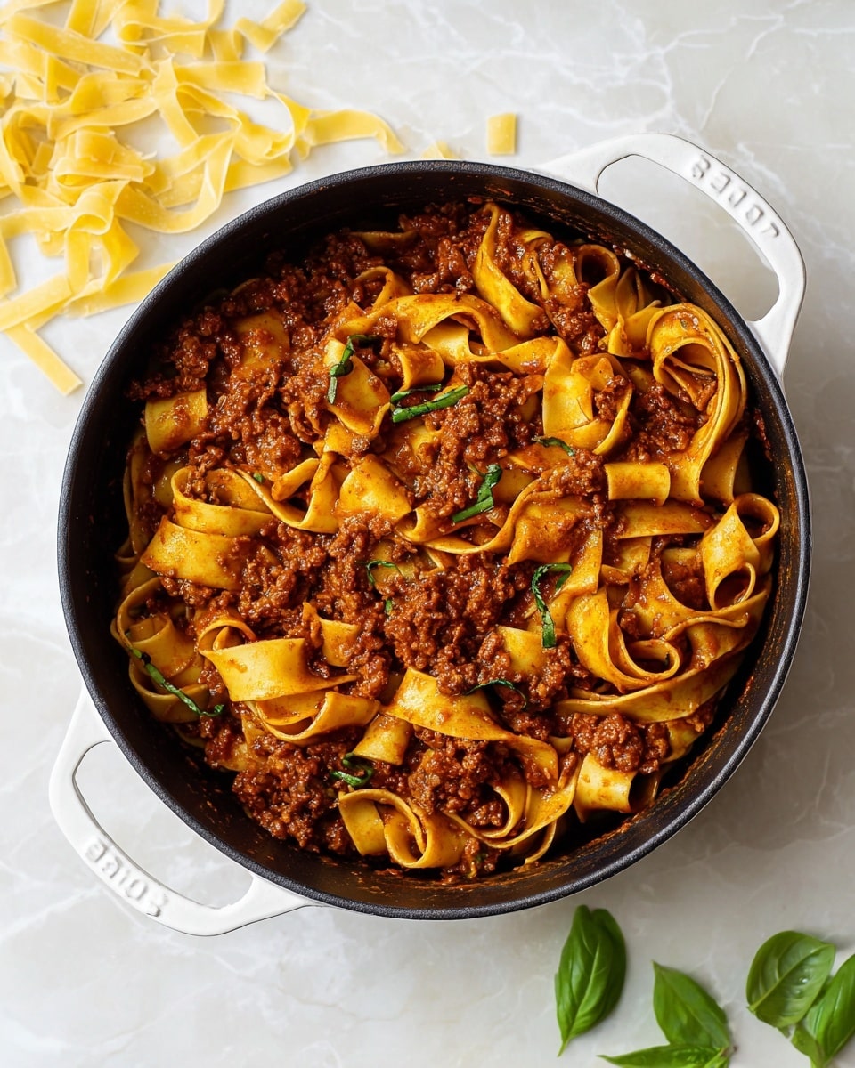 The image shows a round black pot with white handles filled with wide yellow pasta ribbons mixed with a thick brownish-red meat sauce. The pasta is slightly curled and layered in an uneven way, with the sauce coating each piece and some small green basil leaves scattered on top. The pot rests on a white marbled texture surface with some uncooked pasta strips and fresh green basil leaves placed beside it. The light is natural and bright, highlighting the rich colors and textures of the dish. photo taken with an iphone --ar 4:5 --v 7