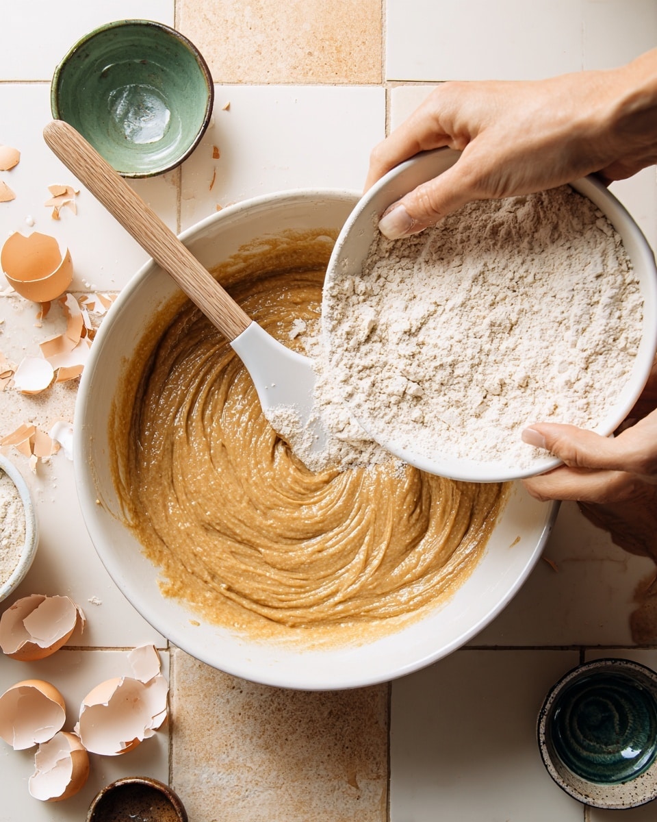 A white bowl in the center holds smooth, thick brown batter with some swirled texture; into this, a woman's hand is pouring a layer of light beige flour from another white bowl, creating a soft pile on top of the batter. A white silicone spatula with a wooden handle is partially dipped in the batter on the left side of the bowl. The scene is set on a white marbled floor with beige and light brown square tiles patterned underneath. Surrounding the bowl are broken eggshells, a small empty white bowl with a black rim, a tiny green ceramic bowl, and a small brown bowl. Photo taken with an iphone --ar 4:5 --v 7