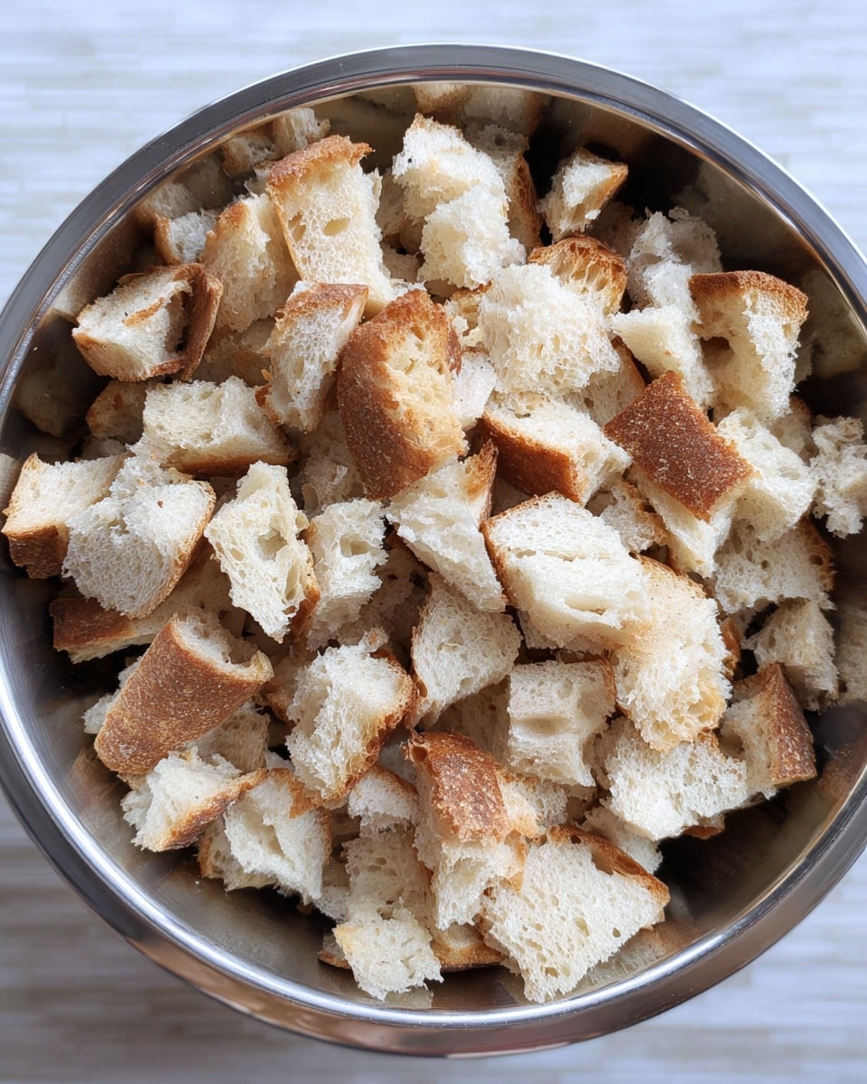 A close-up image of torn bread pieces inside a round silver metal bowl. The bread pieces vary in size, mostly off-white with a light golden-brown toasted crust on the edges. The texture of the bread looks crunchy and slightly rough. The bowl is placed on a surface with a white marbled texture. photo taken with an iphone --ar 4:5 --v 7