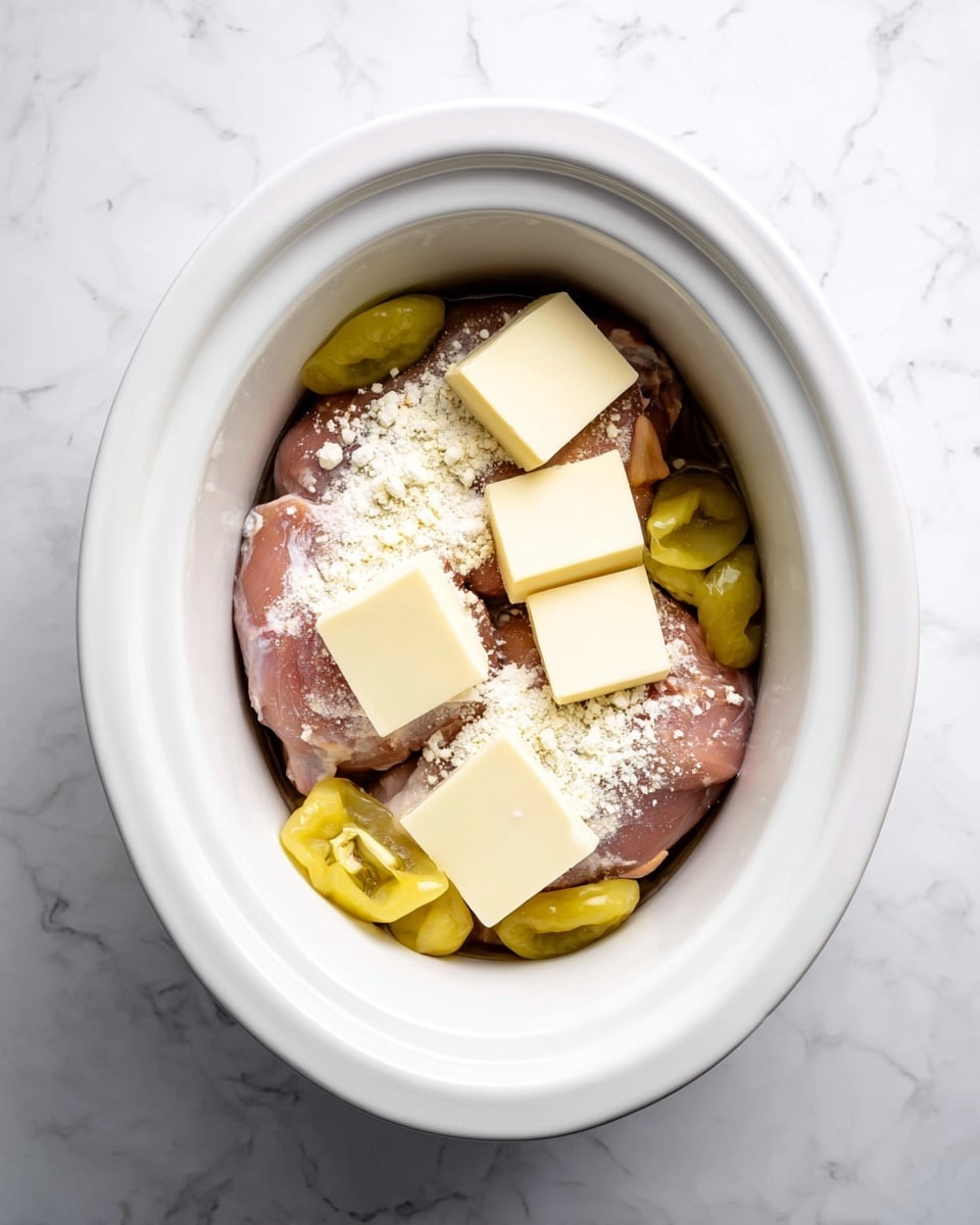 Inside a white oval slow cooker, there are two raw chicken pieces at the bottom, pinkish in color, sprinkled with white flour on top. Scattered around and on the chicken are several yellow pepperoncini peppers. On top of everything, there are eight small squares of pale yellow butter placed evenly. The slow cooker is on a surface with a white marbled texture. photo taken with an iphone --ar 4:5 --v 7