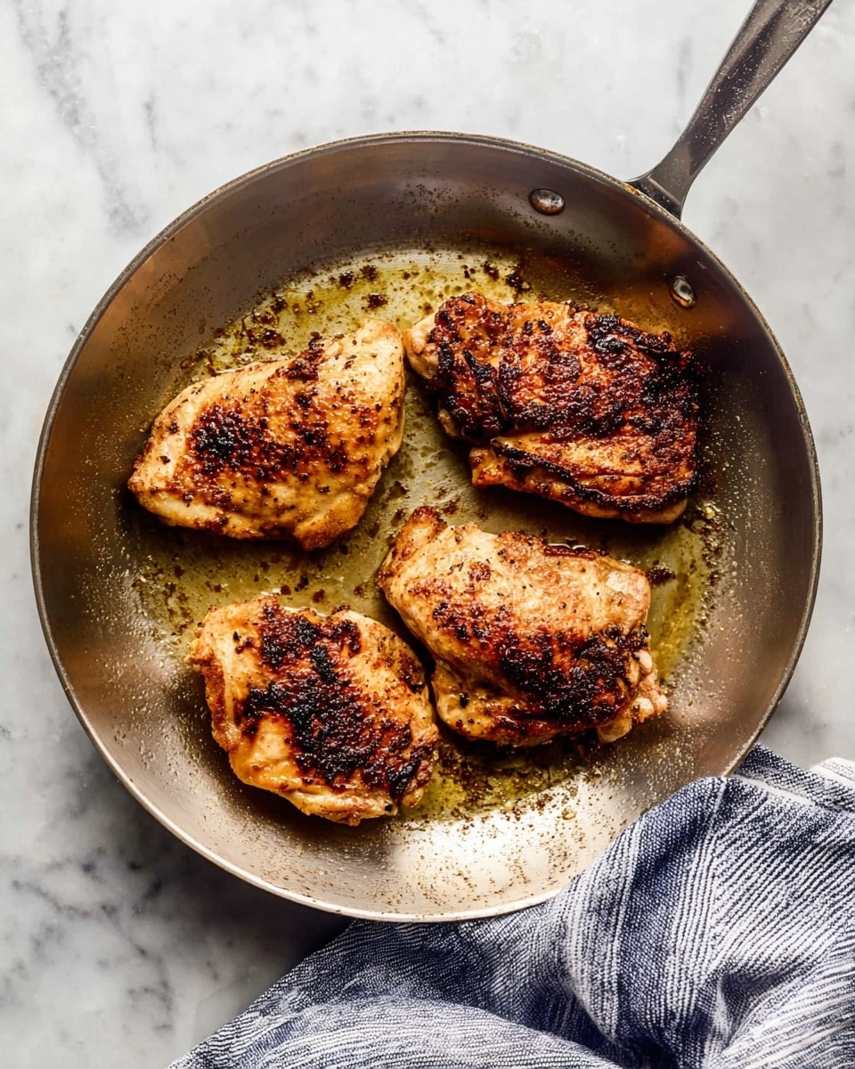 A round metal frying pan holds four browned chicken pieces with a slightly crispy, uneven surface. The chicken pieces show a mix of golden brown and darker charred spots. The pan has a light layer of cooking oil around the chicken. The pan is placed on a white marbled surface with part of a blue and white striped cloth visible at the lower right corner. Photo taken with an iphone --ar 4:5 --v 7