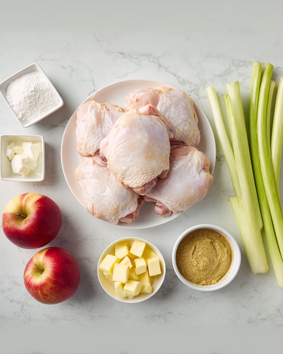A white plate in the center holds several stacked pieces of raw chicken thighs with pale pink skin, covering the plate fully; to the left of the plate, three shiny red apples are placed next to a small white square dish of white flour and a round white bowl filled with evenly cut yellow butter cubes; to the right of the chicken plate, a small round white bowl contains a thick mustard with visible mustard seeds, and three fresh green leeks lie parallel with white marbled texture as the surface underneath everything, giving a clean look; in the top left corner, there is a small white bowl with a dollop of white cream and a bottle partially shown with a curry label; photo taken with an iphone --ar 4:5 --v 7