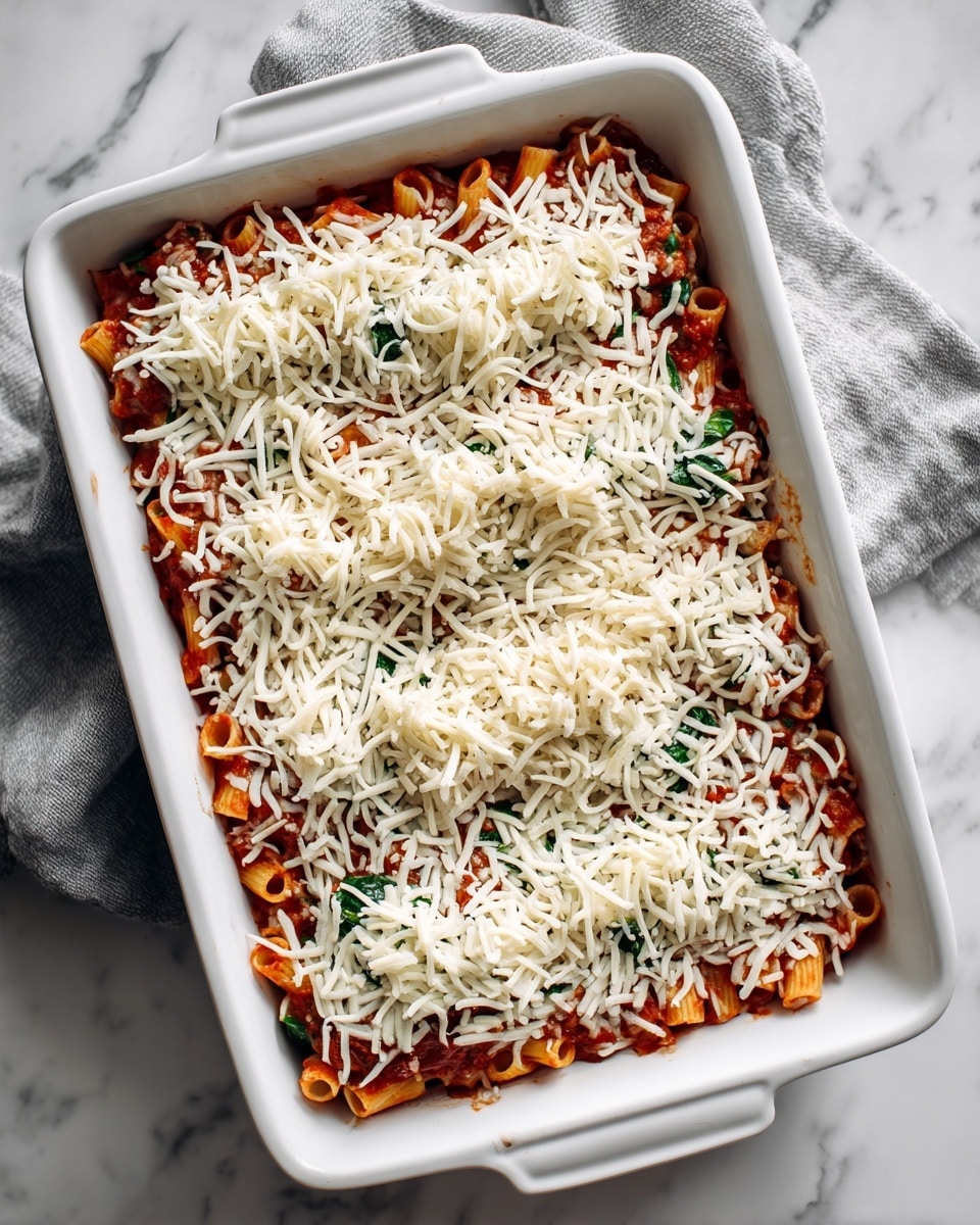 A white rectangular baking dish holds a layered pasta dish with three visible layers. The bottom layer is cooked ziti pasta mixed with red tomato sauce and green spinach leaves scattered evenly. The top layer is a generous amount of shredded white cheese spread across the pasta. The dish sits on a white marbled surface with a folded gray cloth nearby. Photo taken with an iphone --ar 4:5 --v 7