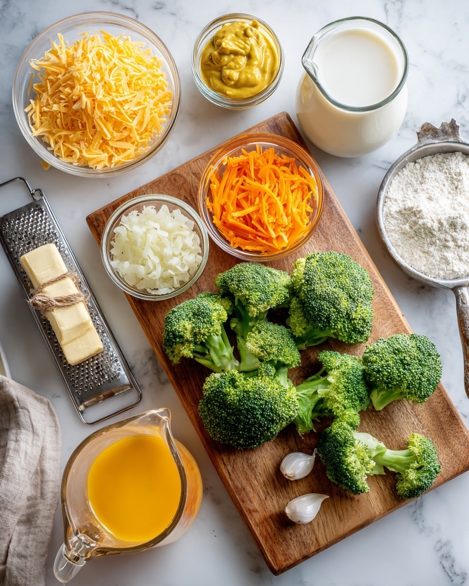 The image shows a wooden board placed on a white marbled surface with fresh broccoli florets scattered around the board, and three garlic cloves resting near the bottom. On the board, there is a clear glass bowl filled with thin, bright orange carrot strips positioned near the center. Next to the carrots is a small jar of yellow mustard. To the left of the board, there is a small clear bowl filled with chopped white onions and a wrapped stick of butter with several pieces cut off beside it. An orange liquid, possibly broth or juice, is in a clear measuring cup at the bottom left. A metal grater and a pile of shredded yellow cheese on a white plate are in the upper left corner. At the top right, there is a silver pan with some signs of use, next to a glass of white milk. Near the bottom right corner, a small clear bowl contains white flour. The whole arrangement is neat and bright, lit with natural light. photo taken with an iphone --ar 4:5 --v 7